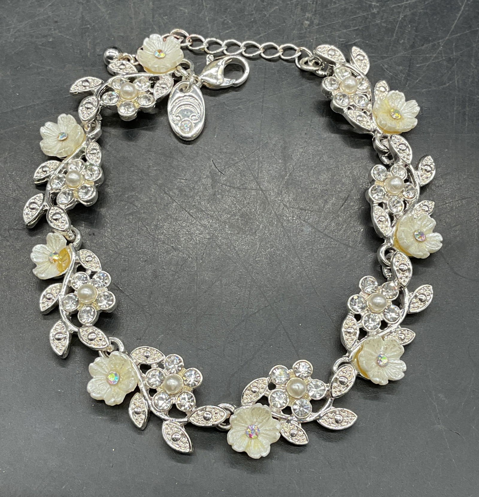 Signed C Silver Tone Crystal Flower Bracelet (1 of 6)