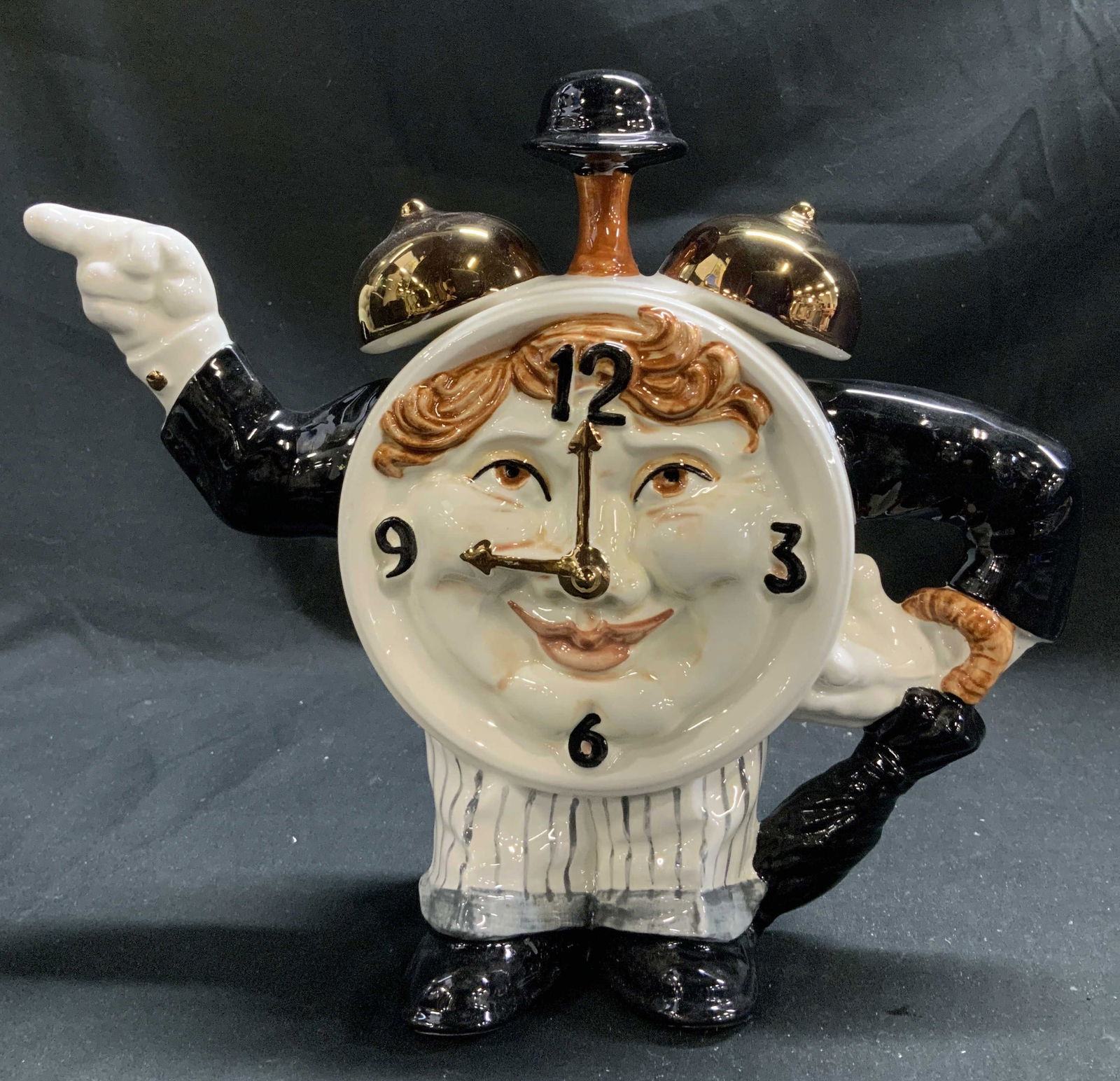 Vtg Price Kensington Alarm Clock Teapot ENG: Vintage ceramic teapot shaped like an alarm clock wearing striped pants & gilt bell accents. Glossy finish. Signed & marked on underside. Reads, MADE IN ENGLAND. P & K. Surface wear consistent to age,