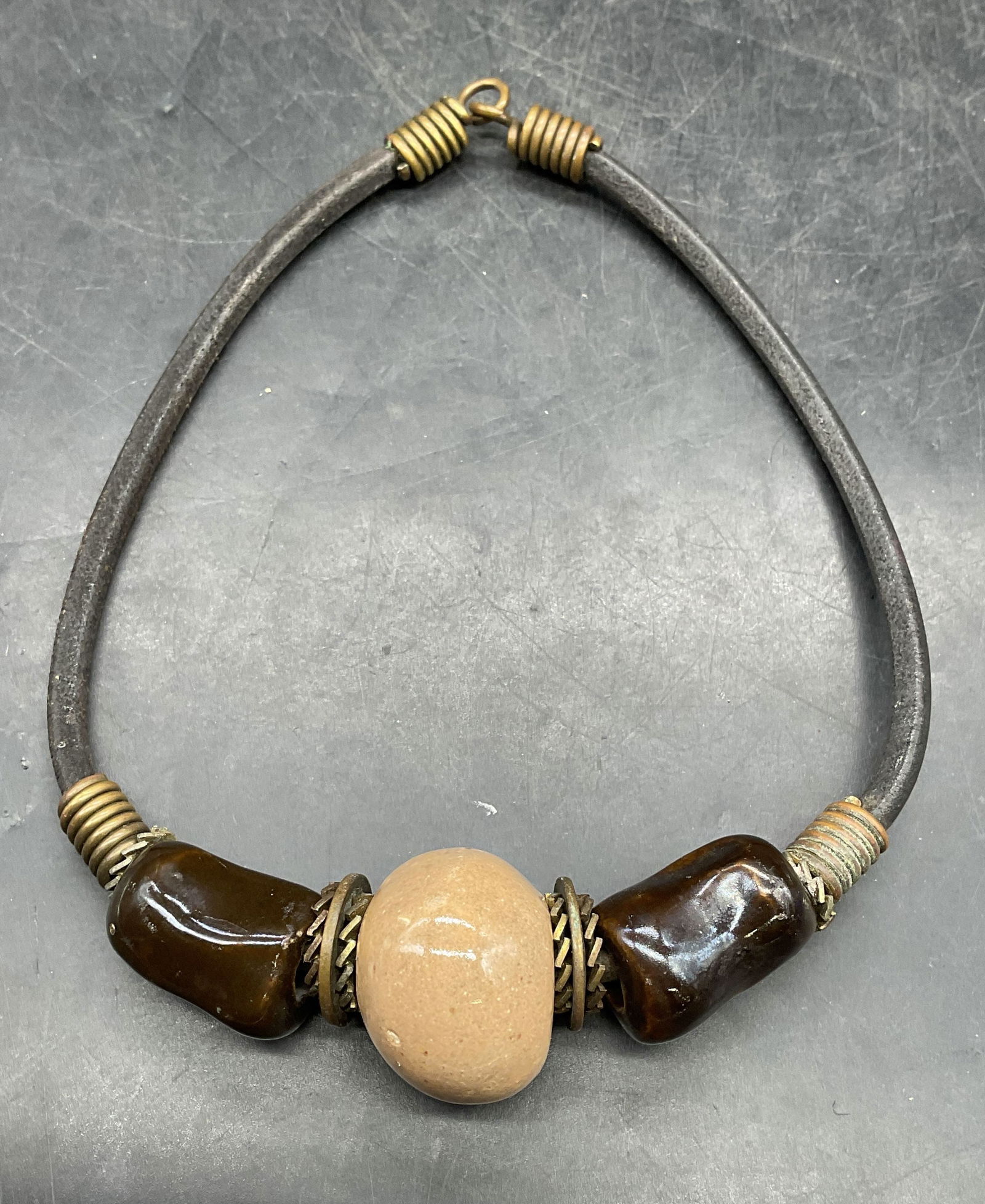 Vintage Brown Leather Ceramic Choker Necklace (1 of 6)