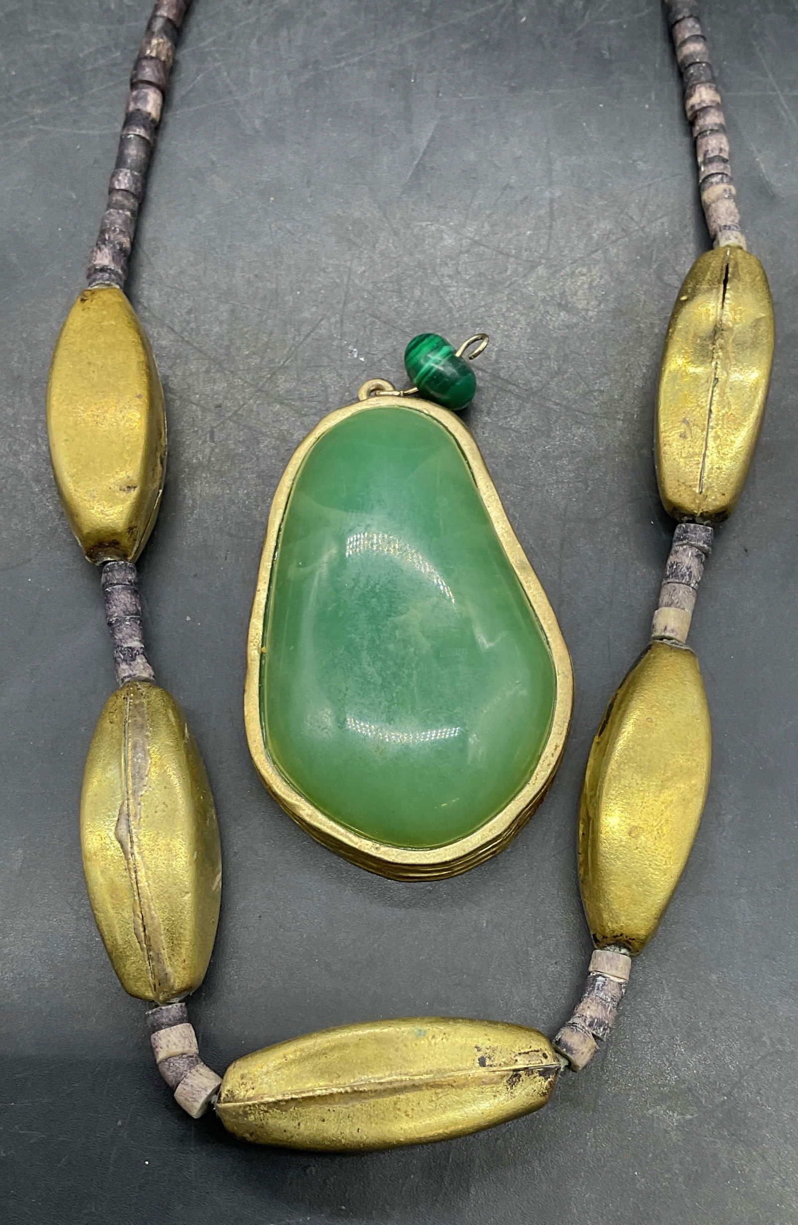 Lot 2 Gold Tone Jade Glass Pendant, + Necklace (1 of 6)