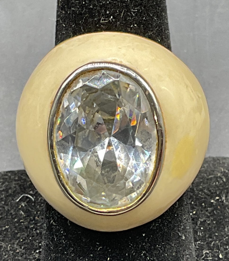 Vintage Noir Enamel Crystal Cocktail Ring: Vintage signed Noir tan enamel and colorless crystal cocktail ring. Ring size 7.5. Some scratching. Jewelry, estate jewelry, costume jewelry, cocktail jewelry, fashion jewelry, accessories, fashion ac