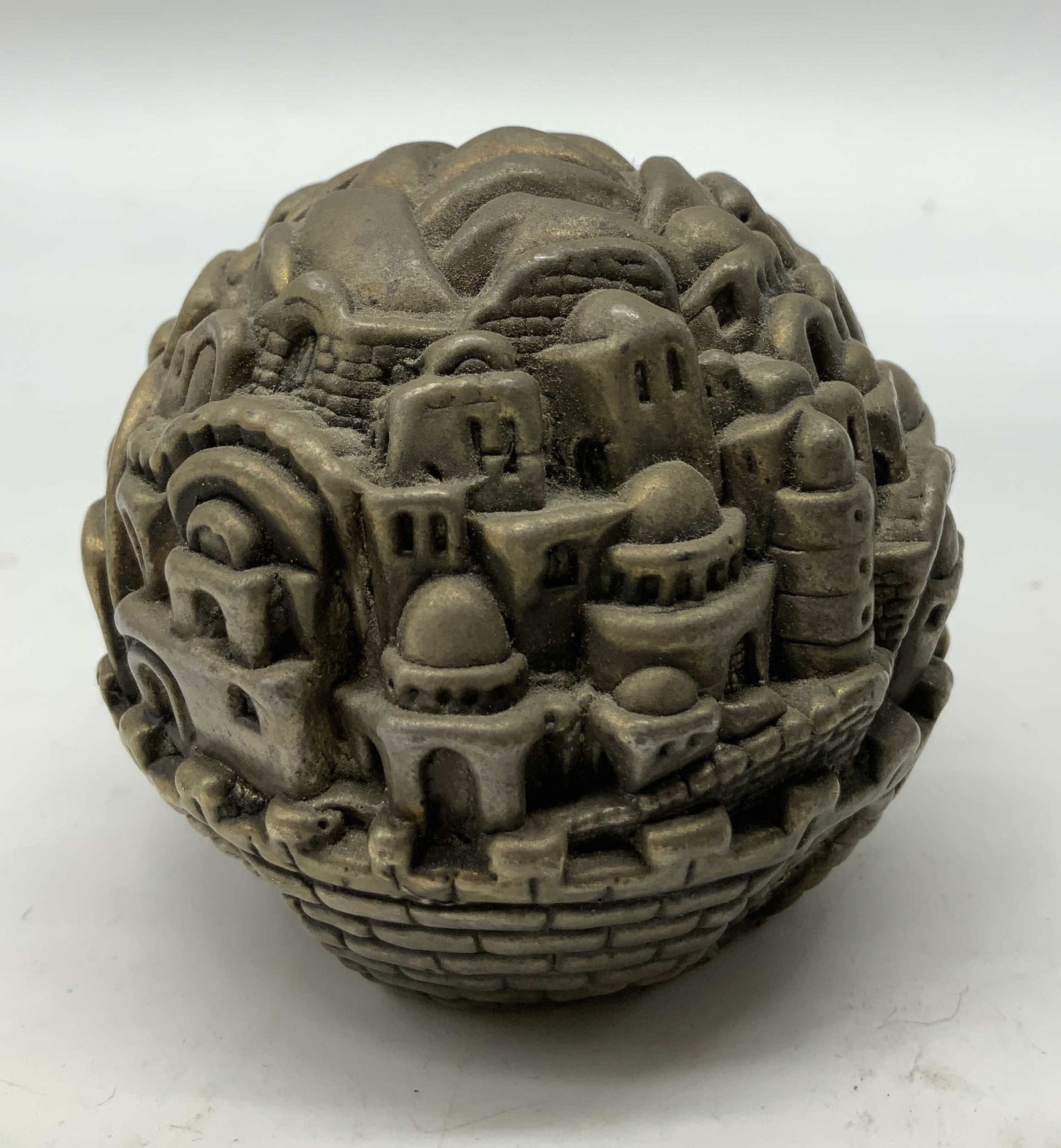 1998 Israels 50th Anniv. Jerusalem Paperweight: 1998 Israels 50th anniversary paperweight depicting the old city of Jerusalem. Silver plated & featuring detailed relief. Signed & marked on underside. Reads, ISRAELS 50th ANNIVERSARY 1998. Surface we