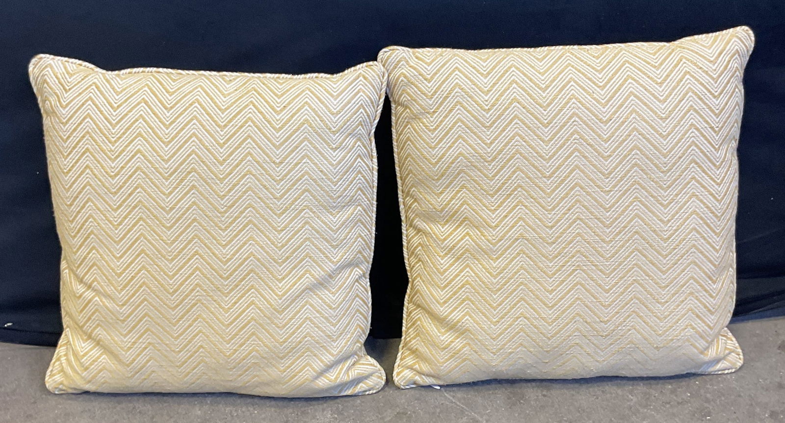 Pair Yellow & White Chevron Throw Pillows: Pair of yellow and white chevron pattern throw pillows. Feels like cotton. Measure approx 18 x 18 inches. Some blemishes. Pillows, throw pillows, yellow pillows, chevron pillows, home decor, home acce