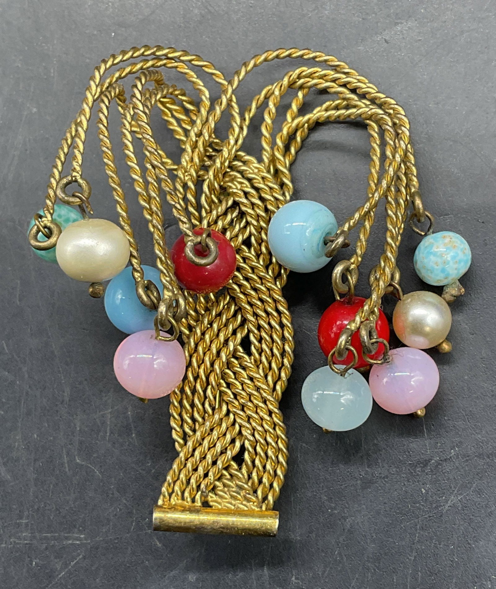 Vintage Gold Tone Glass Bead Tree Brooch: Vintage gold tone wire tree brooch with glass, lucite, and faux pearl beads. Measures approx. 2.25 x 1.75 inches. Some scratching. Jewelry, estate jewelry, costume jewelry, cocktail jewelry, fashion j