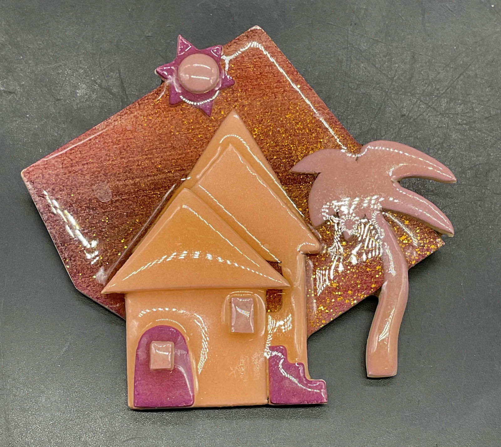 Vintage Lucinda House Pin Statement Brooch: Vintage signed House Pins by Lucinda pink house motif brooch. Measures approx. 2.75 x 3 inches. Loss to corner. Some scratching. Jewelry, estate jewelry, costume jewelry, cocktail jewelry, fashion jew