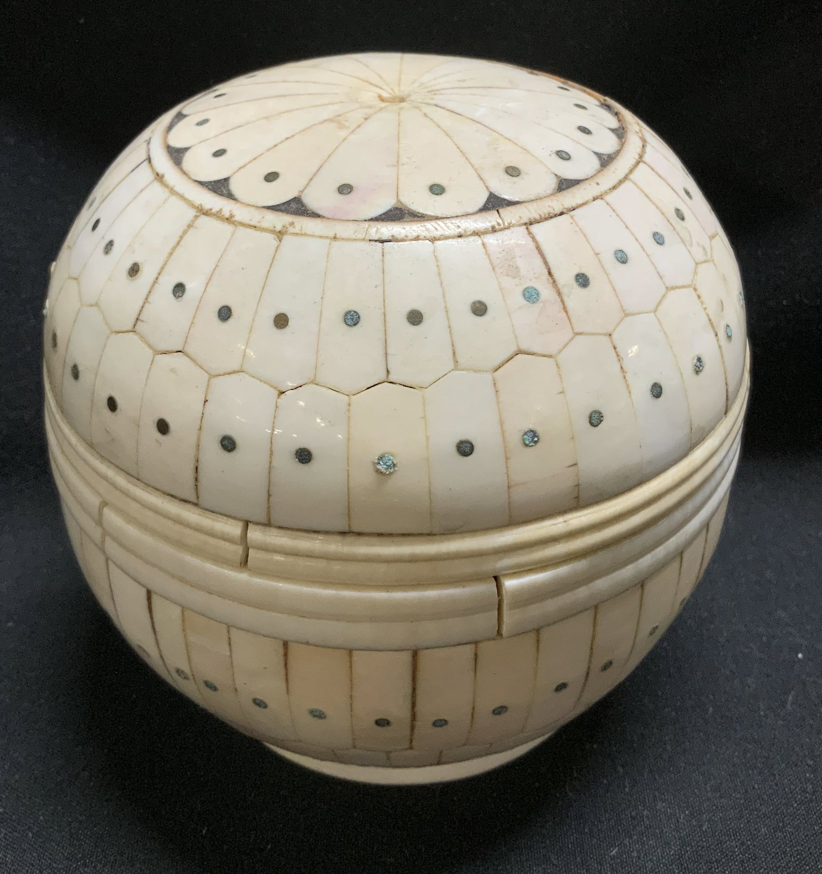 Vtg Bone Inlay & Brass Lidded Vessel: Round lidded vessel features a geometric pattern on body. Interior is brass. Petal style on lid. No visible signature or markings. Surface wear consistent to age, use & exposure. Measurements: length 