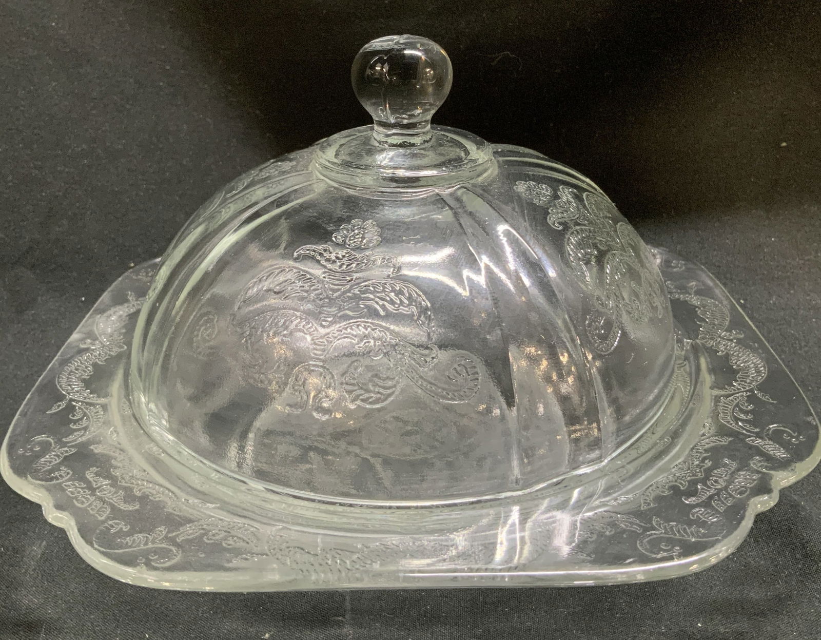 Vtg Etched Floral Motif Glass Covered Dish (1 of 6)