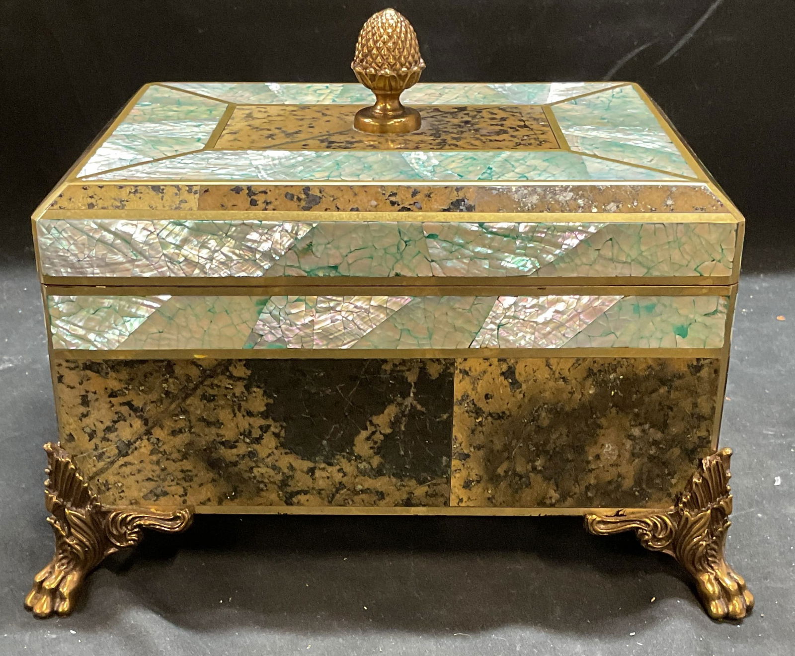 Vtg Wood Brass Inlaid Shell & Stone Jewelry Box (1 of 7)