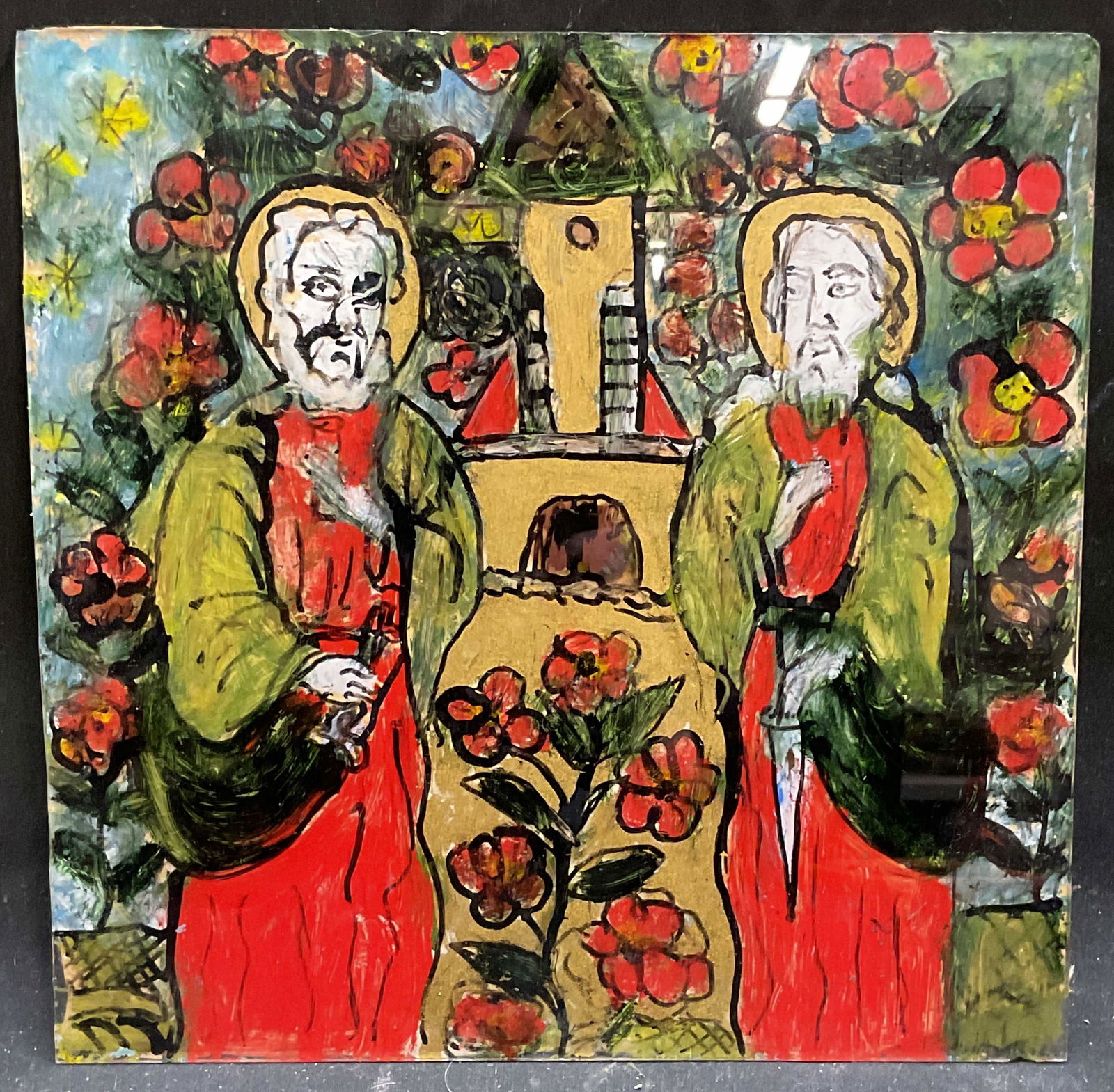 Religious Folk Art Gilt Gouache Saint Painting: Religious folk art painting on paper under glass. Hand painted and gilt, appears to be gouache. Two saints with haloes and flowers. Measures approx 8.5 x 8.5 inches. Some wear consistent with