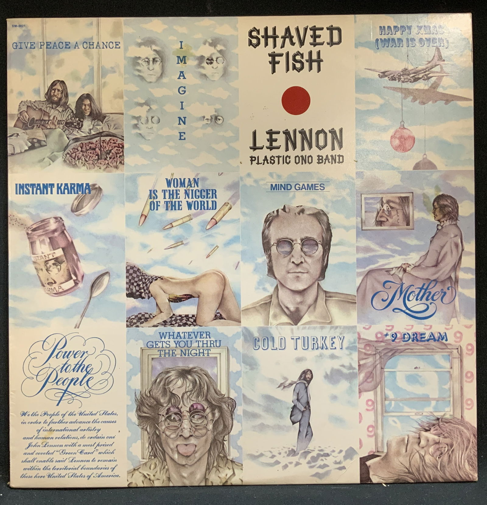 1975 John Lennon Shaved Fish Vinyl Record: Copyright 1975 EMI Records Limited. John Lennon Shaved Fish. Plastic Ono Band. Cover features titles of many songs. Manufactured by Apple Records, Inc. Property of Upper East Side French stage and scr