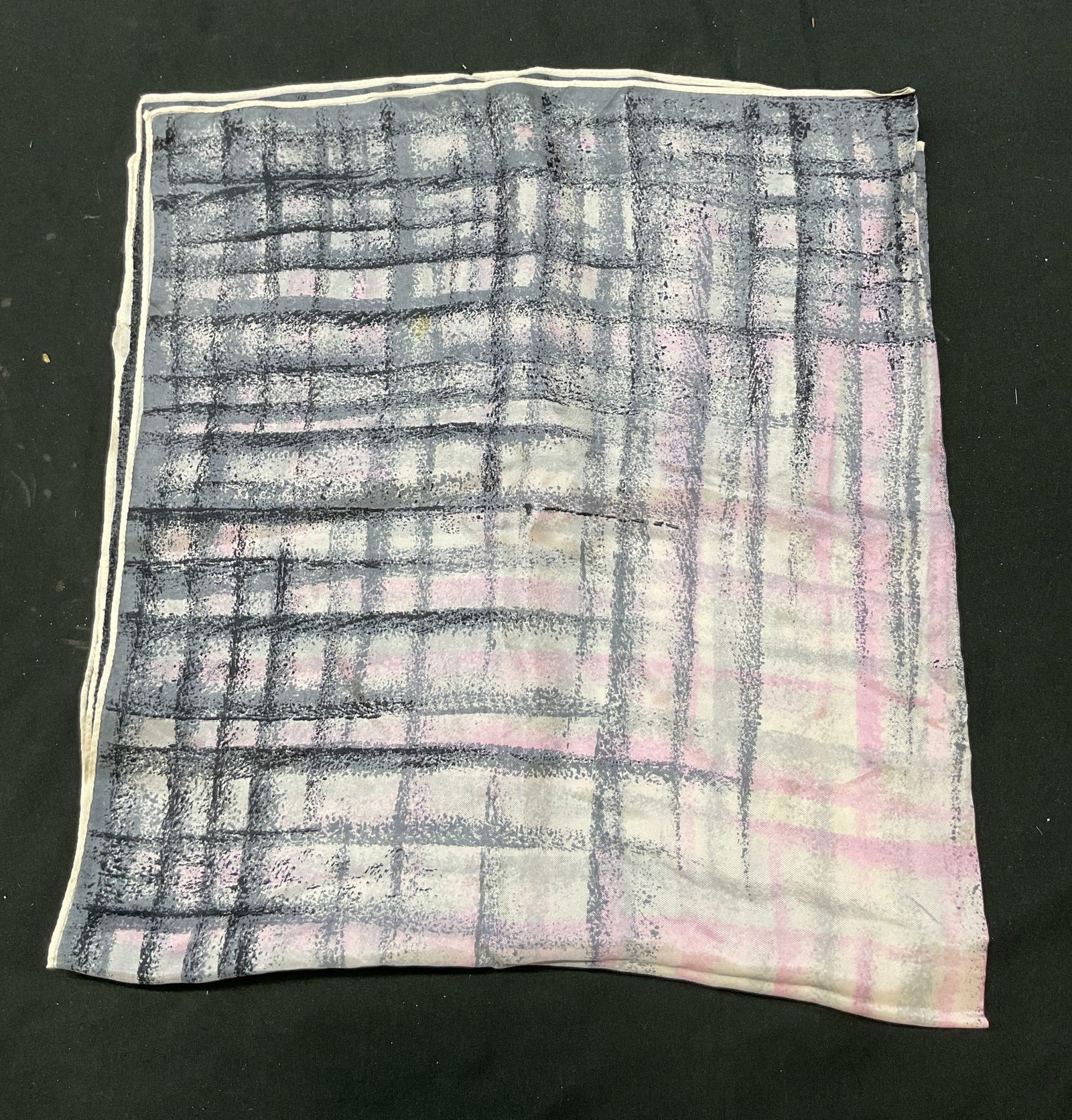 Vintage Pink & Black Grid Silk Scarf: Vintage pink and black grid silk scarf. Silk material. Geometric grid pattern in pink and black. Measures approx 26 x 30 inches. Wear consistent with exposure. Blemishes observed. Scarf, silk scarf, v