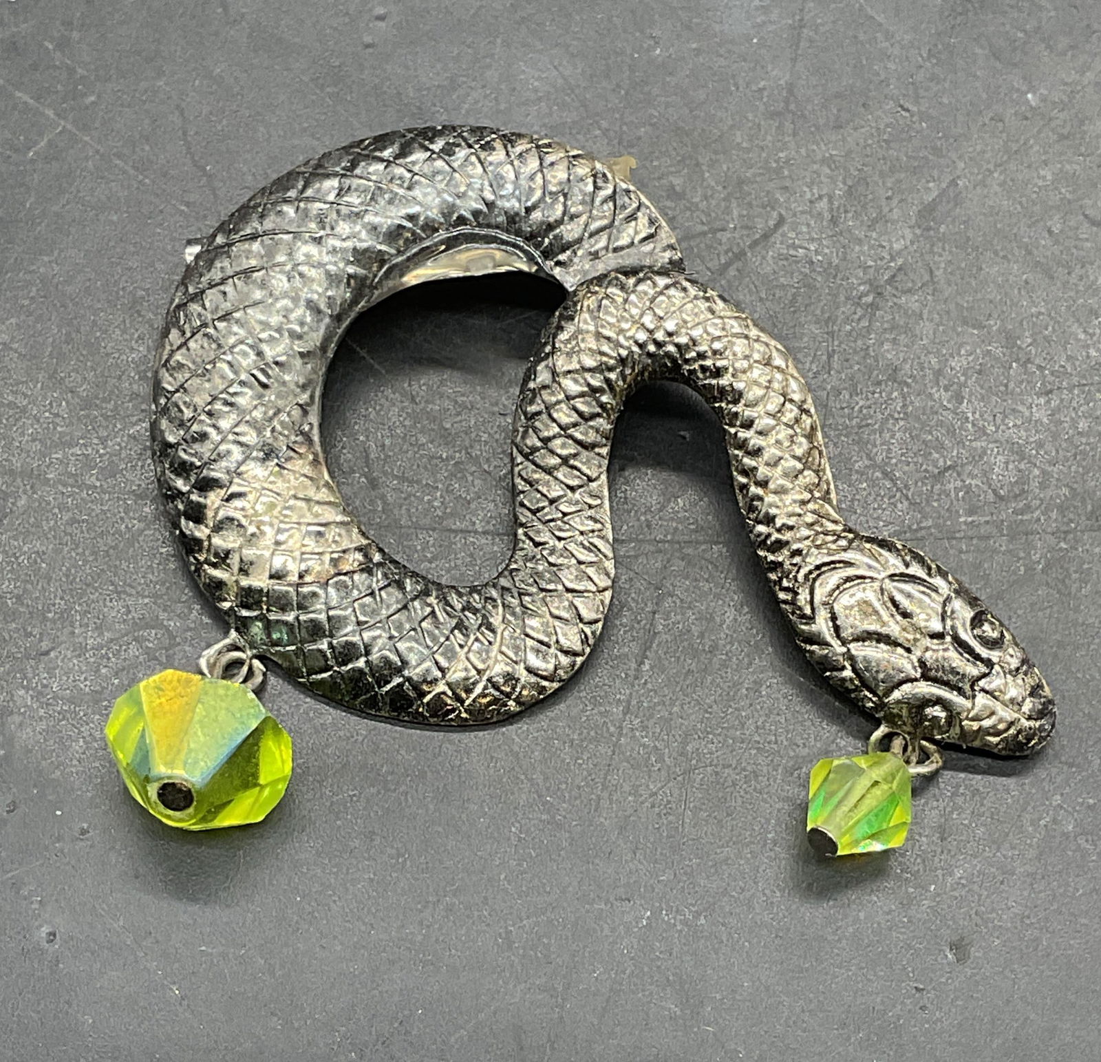 Vintage Silver Tone Green Snake Brooch (1 of 6)