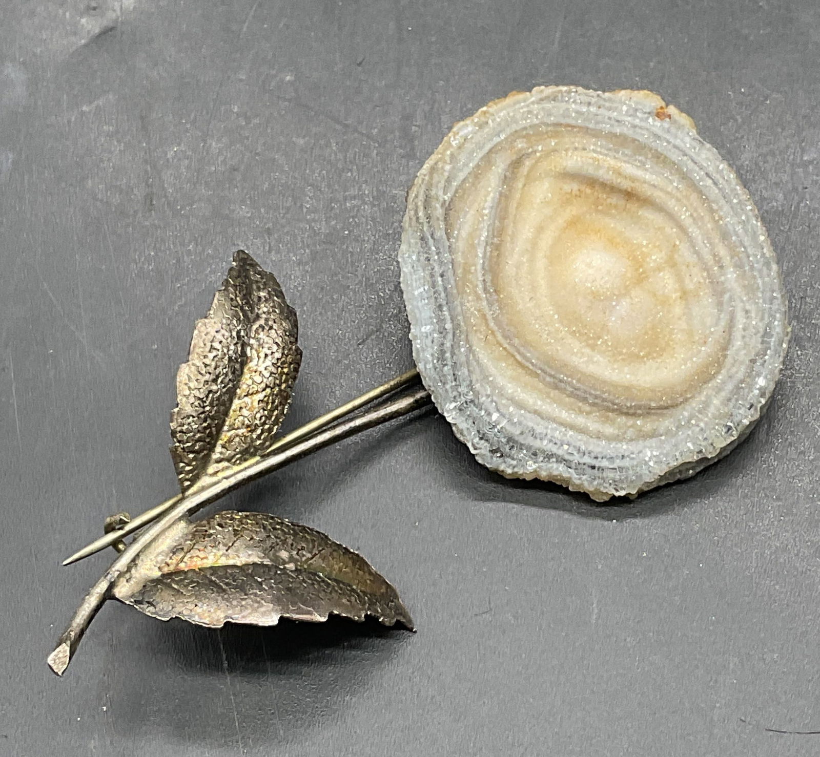 Prata 800 Silver Druzy Quartz Flower Brooch: Vintage signed Prata 800 silver flower brooch with carved druzy quartz. Measures approx. 2.5 x 1.25 inches. Marked 800. Total weight 9.5 grams. Some scratching. Jewelry, estate jewelry, fine jewelry,