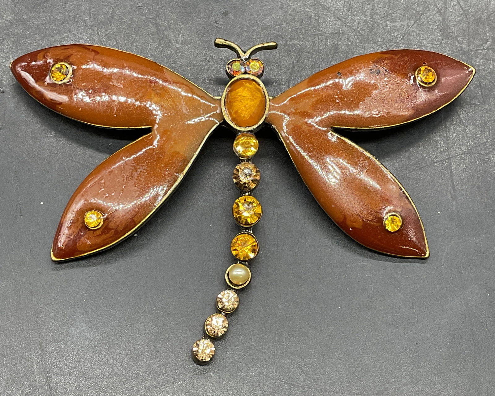 Vintage Gold Tn Enamel Crystal Dragonfly Brooch (1 of 6)