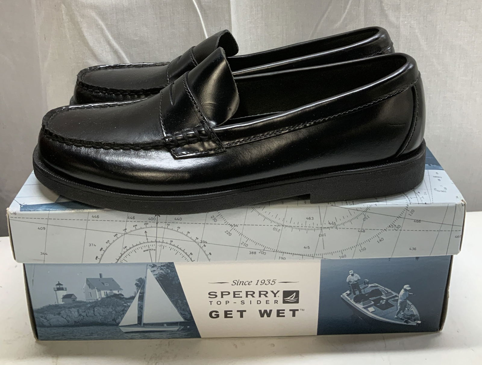 Sperry Top Spider Black Leather Loafers W Bx: Sperry Top Spider Colton black leather loafers. Comes with original box. Size 6M. Signed & marked on underside. Reads, SPERRY TOP SIDER GET WET. Surface wear consistent to age, use & exposure.