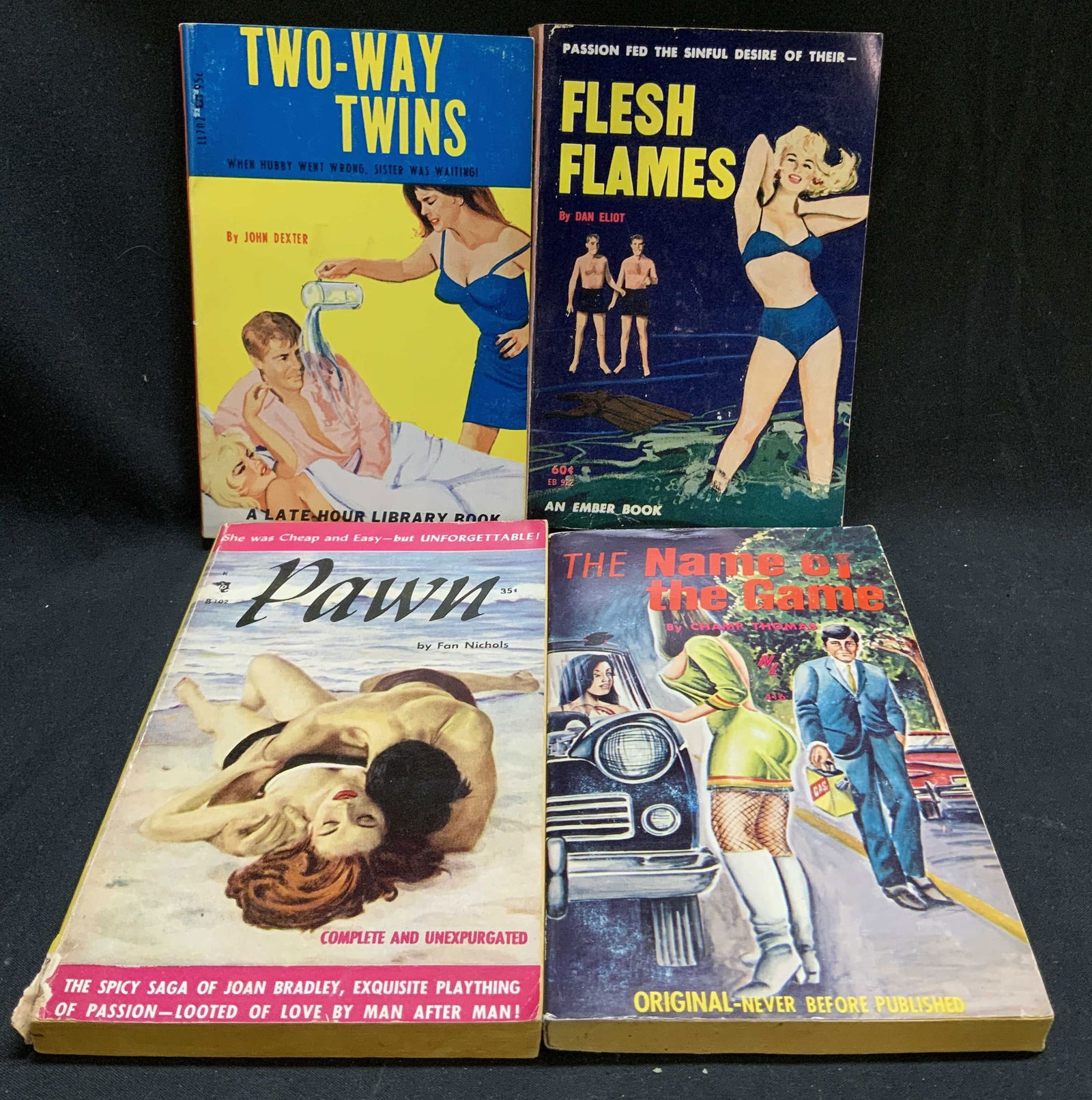 Lot 4 Pulp Fiction Erotica 1950-1960s Bks DEXTER: Lot includes, Two-Way Twins by John Dexter (1967), Flesh Flames by Dan Eliot (1963), Pawn by Fan Nichols (1950) & The Name of the Game by Champ Thomas (1967). Pulp fiction erotica books, erotica