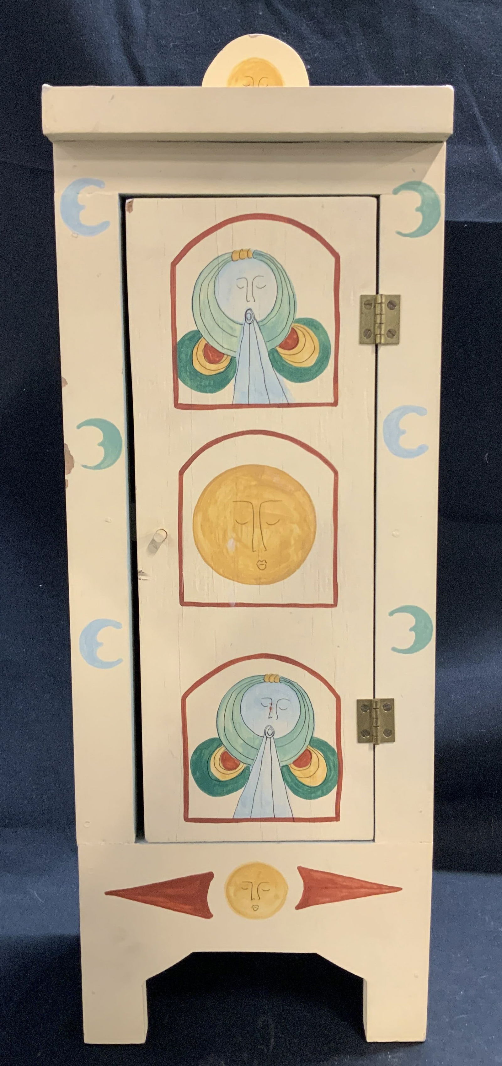 Hand Painted Wooden Key Chest 17.6in: Hand painted wooden key chest featuring moon motifs. Yellow toned. Interior features hooks. No visible signature or markings. Surface wear consistent to age, use & exposure. Measurements: length