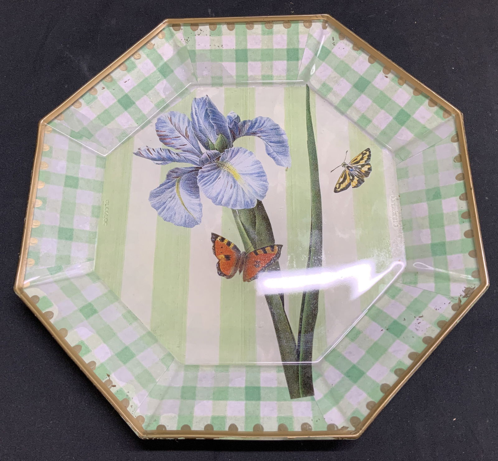 Moonlighting Interiors Decoupage Glass Plate: Moonlighting interiors decorative decoupage glass plate features floral & butterfly motifs in center. Gilt accents. Octagonal shape. Signed & marked on underside. Reads, MOONLIGHTING INTERIORS. Surfac
