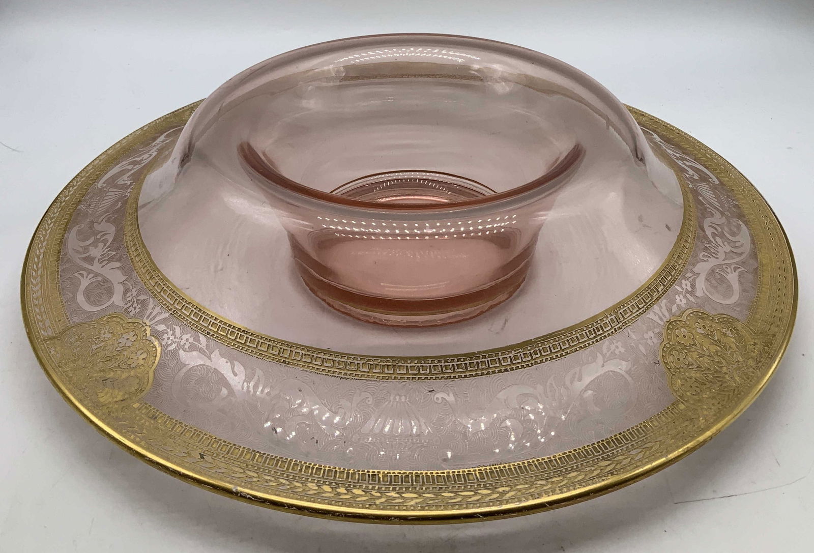 Vtg Pink Depression Glass & Gilt Console Bowl (1 of 6)