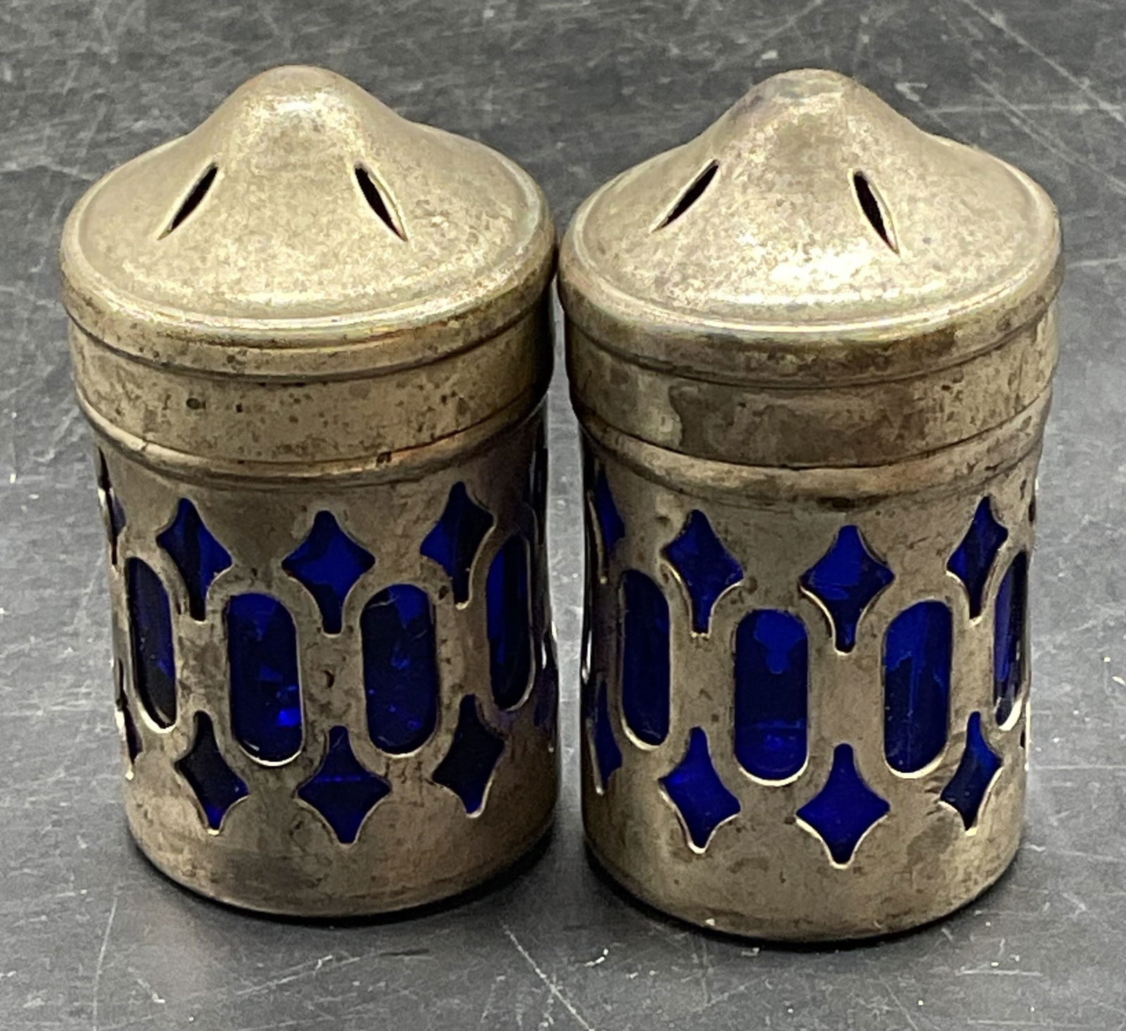 Pair Vintage Silver Pl Cobalt Glass S&P Shakers (1 of 6)