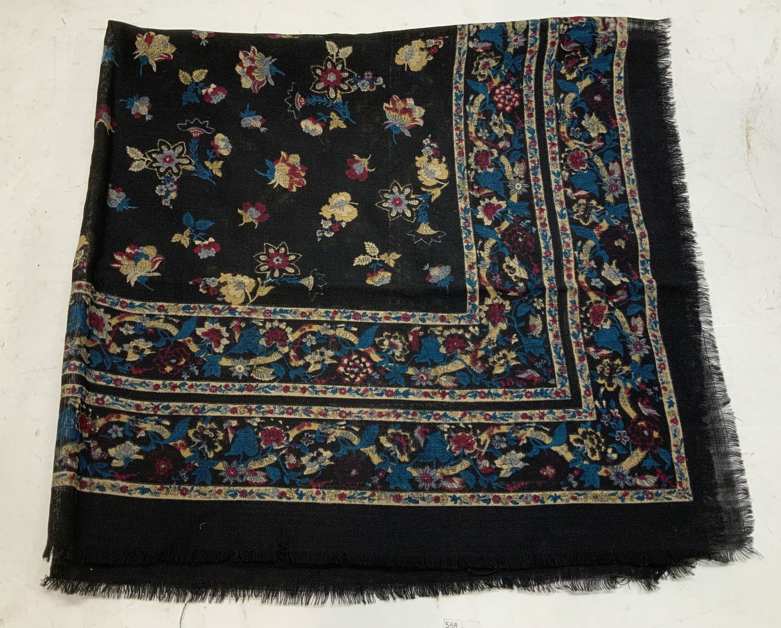Vtg Black Floral Motif Square Scarf (1 of 6)