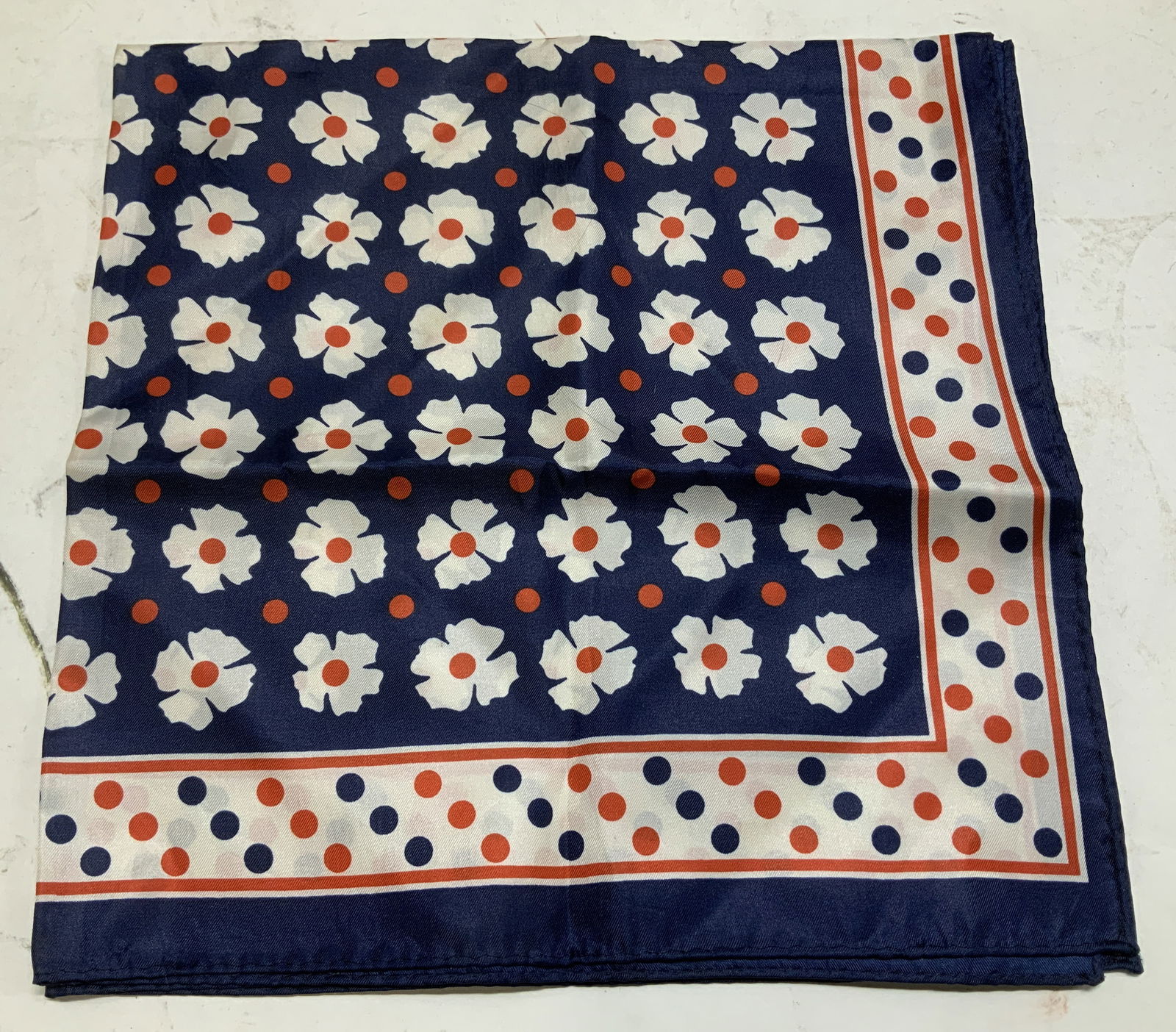 Baar & Beards Inc. Floral & Polka Dot Scarf JAPAN: Vintage Baar & Beards Inc. scarf is polyester material & features a floral pattern in center. Red & navy polka dot borders. Property of opera singers estate from the renowned & opulent Manhattan landm