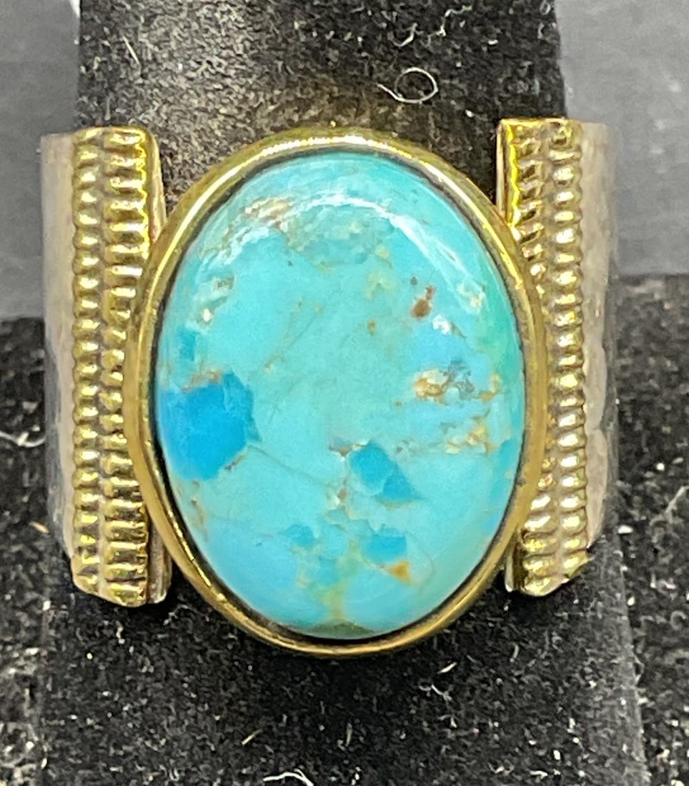 YS Silver Brass Turquoise Ring NWT: Sterling silver and brass Mojave turquoise ring. New with tag. Size 9. Marked sterling. Signed YS. Total weight 7.9 grams. Some scratching. Jewelry, estate jewelry, fine jewelry, cocktail jewelry, fas