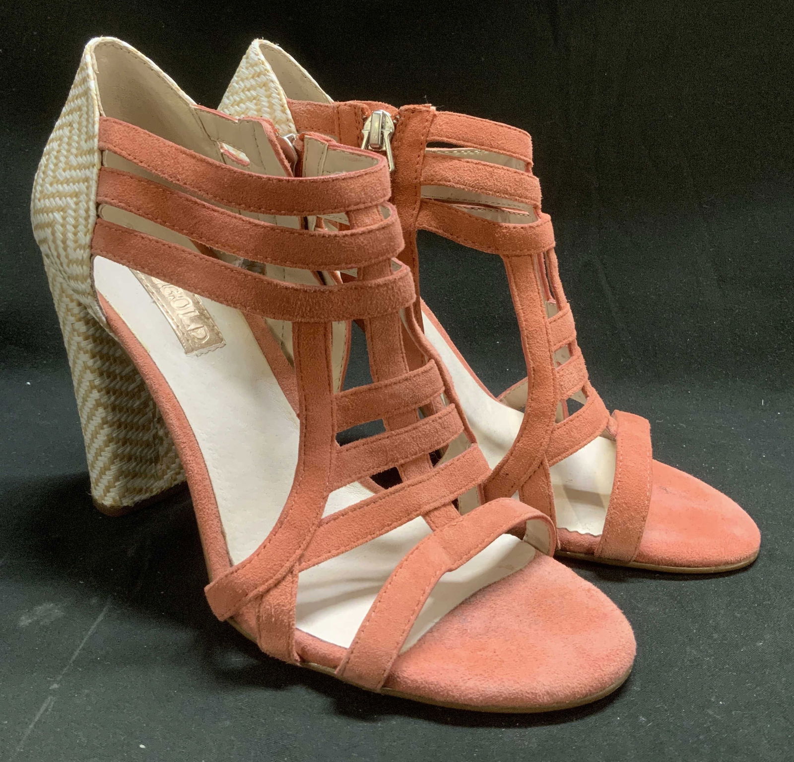 Rose Gold Coral High Heel Sandals: Lot includes, pair of womens open toe, strappy high heel sandals. Coral toned & side zipper closure. Surface wear consistent to age, use & exposure. Signed & marked. Reads, ROSE GOLD. Measurements: Si