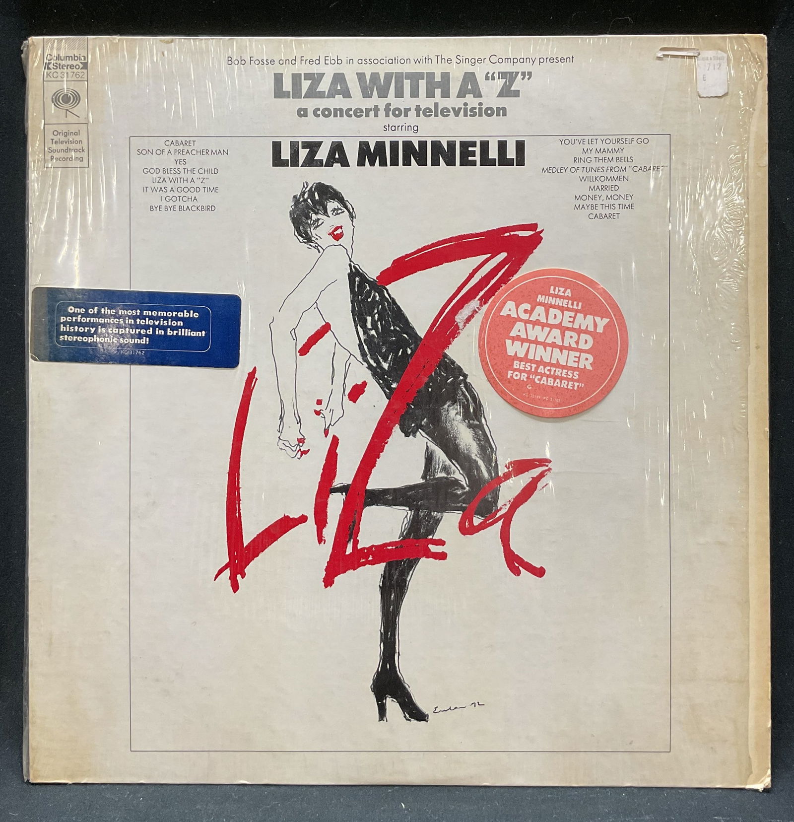 1972 Liza Minnelli TV Soundtrack Vinyl Record: KC 31762 Stereo Side 1 AL 31762, Side 2 BL 31762. Liza With A Z A Concert For Television Starring Liza Minnelli. Produced by Andrew Kazdin. Manufactured by Columbia Records, 1972. Illustrations