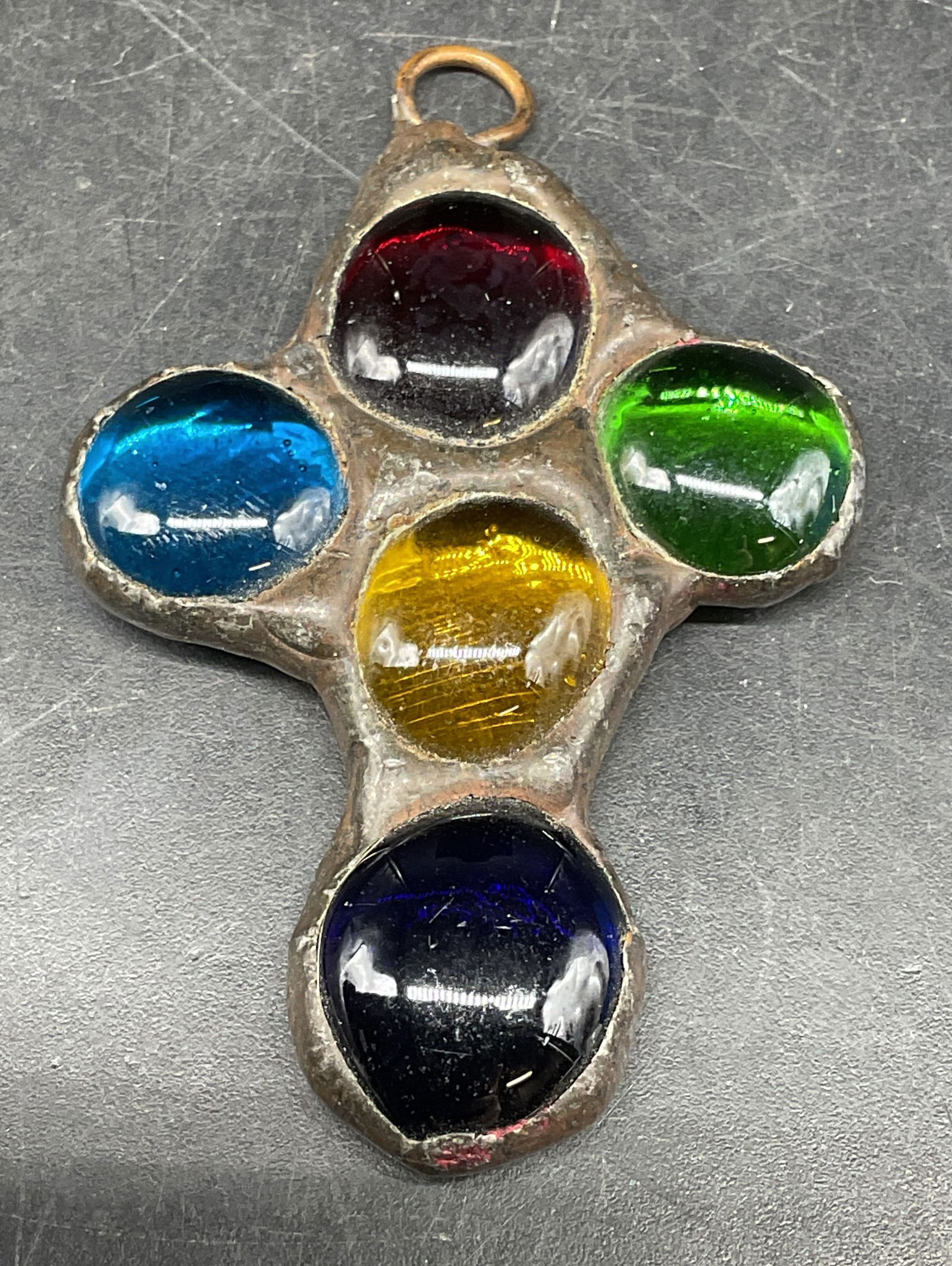 Vintage Handmade Glass Cross Pendant: Vintage handmade multicolor glass cross pendant. Measures approx. 2 x 1.5 inches. Some scratching. Jewelry, estate jewelry, costume jewelry, cocktail jewelry, fashion jewelry, accessories, fashion acc