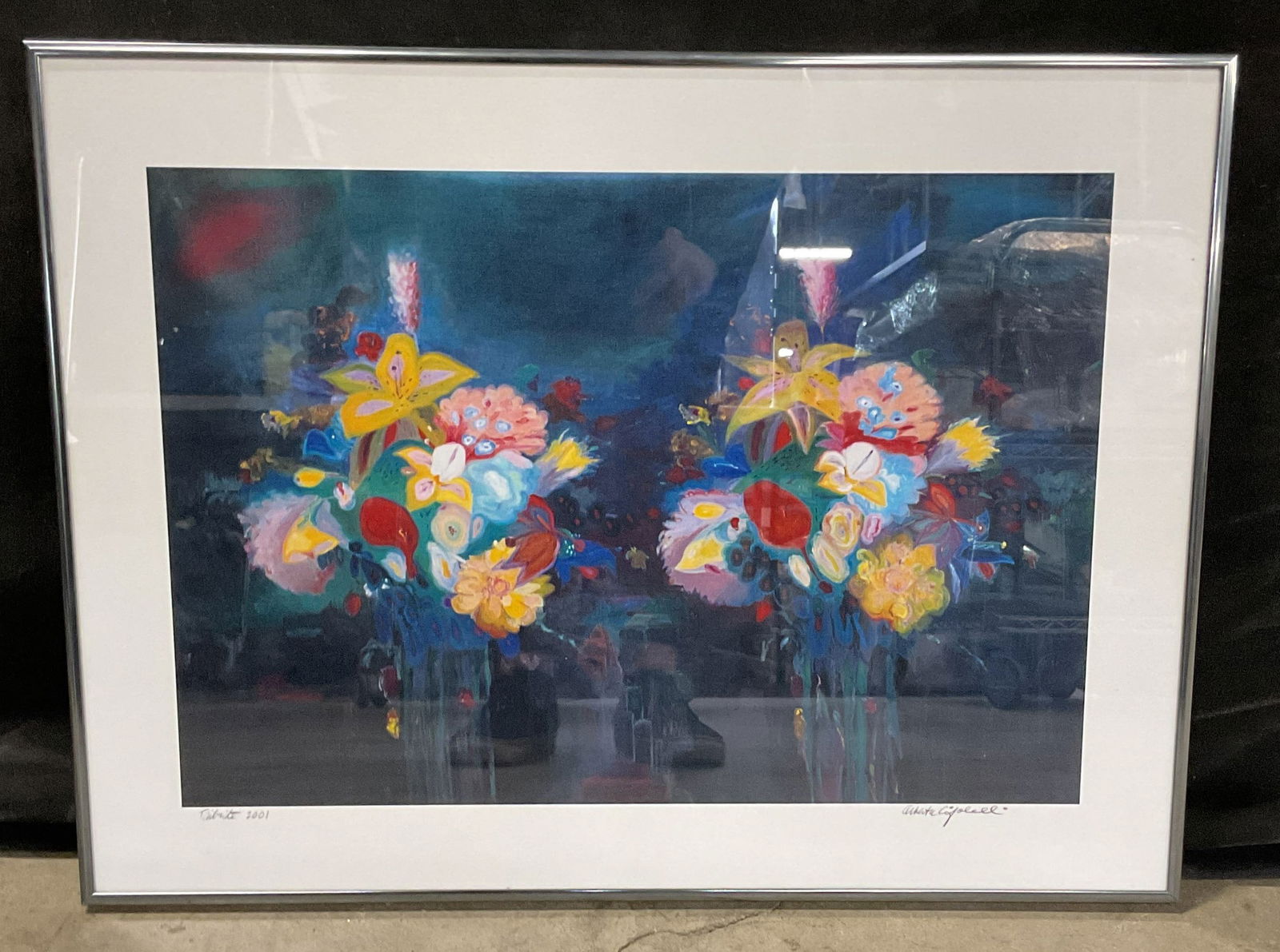 Sgn AlbertaCifolelli TributeFlowers Serigraph 23in: Framed serigraph on paper. Signed lower right, Alberta Cifolelli (American, 1931-2022). Titled lower left, Tribute. Tribute to September 11. Two bouquets of flowers. Metal frame. Not examined out of f