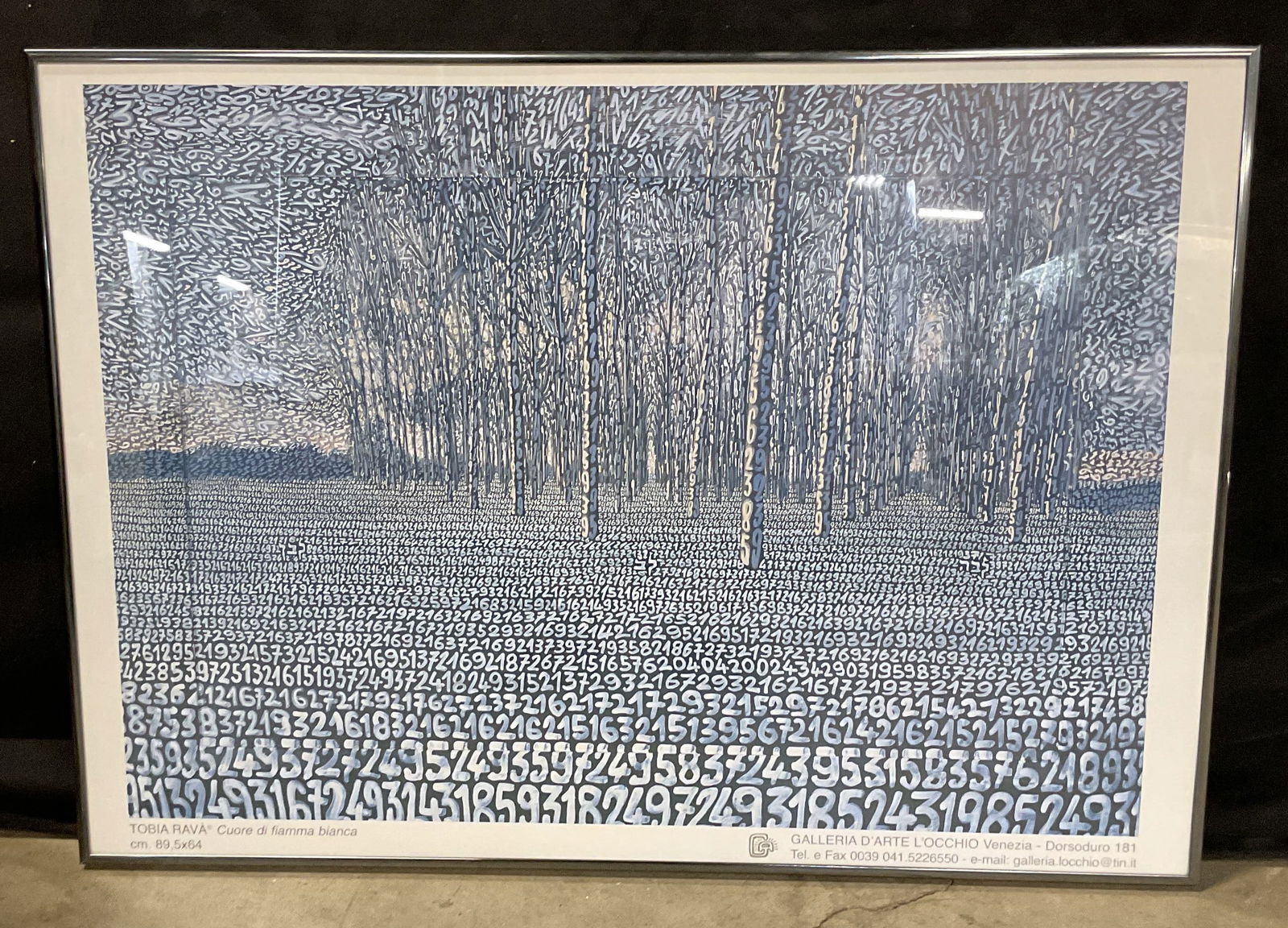 Framed Tobia Rava Landscape Litho Poster 27in: Framed lithograph poster. Cuore di fiamma Bianca by Tobia Rava. Landscape with numbers. Galleria D Arte L Occhio, Venice, Italy. Black frame. Not examined out of frame. Frame measures approx. 19.75 x