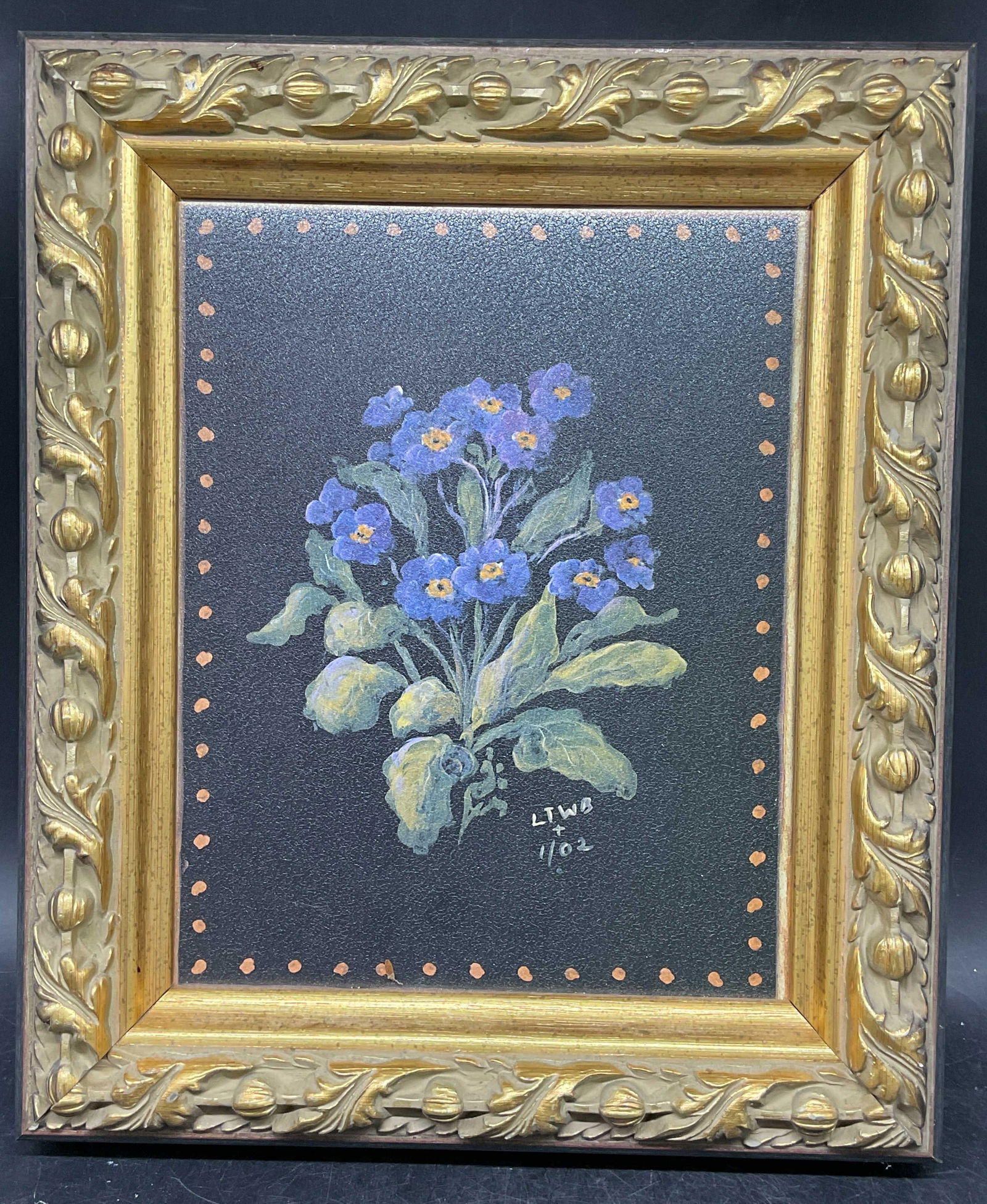 Framed Purple Floral Fine Art Print: Framed fine art print on board. Marked LTWB 1/02. Purple flowers. Ornate gilt wood frame. Not examined out of frame. Frame measures approx. 13.25 x 11 inches. Some wear consistent with exposure. Art,