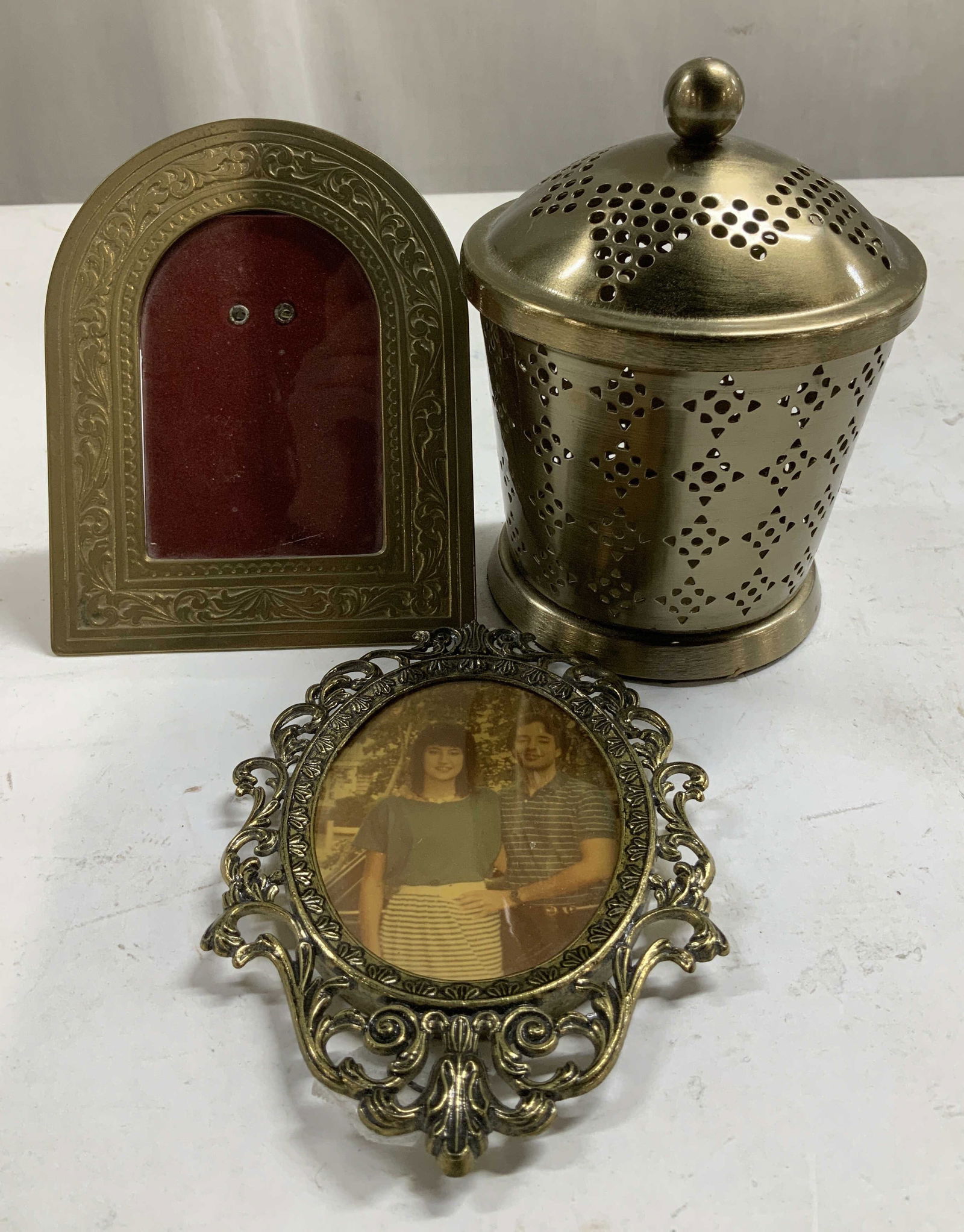 Lot 3 Vtg Brass Ornate Frames & Lidded Vessel (1 of 7)