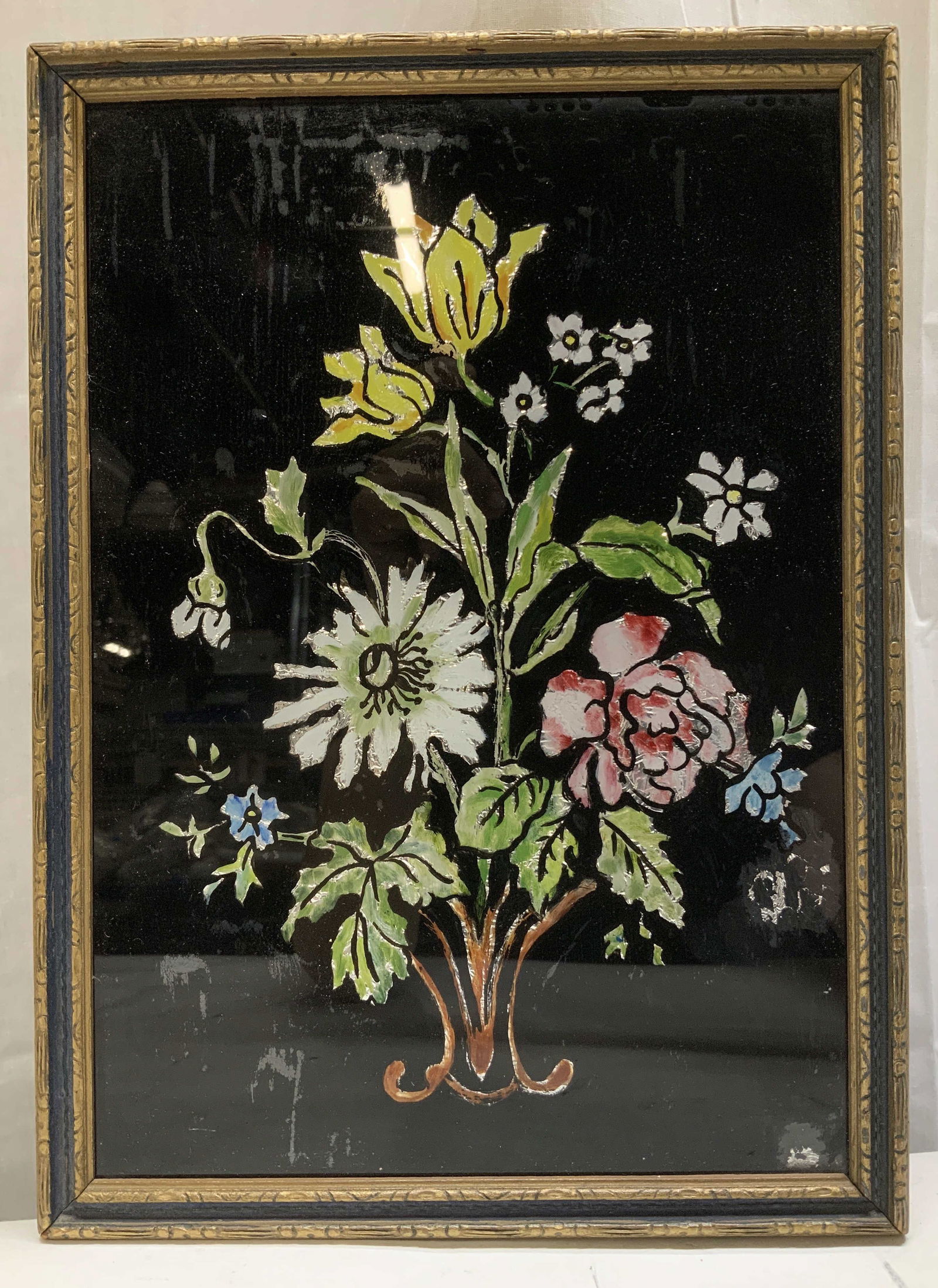 Vtg Floral Bouquet Tinsel Painting W Frame: Vintage reverse painting on glass with metallic accents. Artwork depicts a vibrant bouquet of flowers against a black background. Gilt frame. Signed & marked on underside. Reads, MRS. FRANK B. LUCAS.