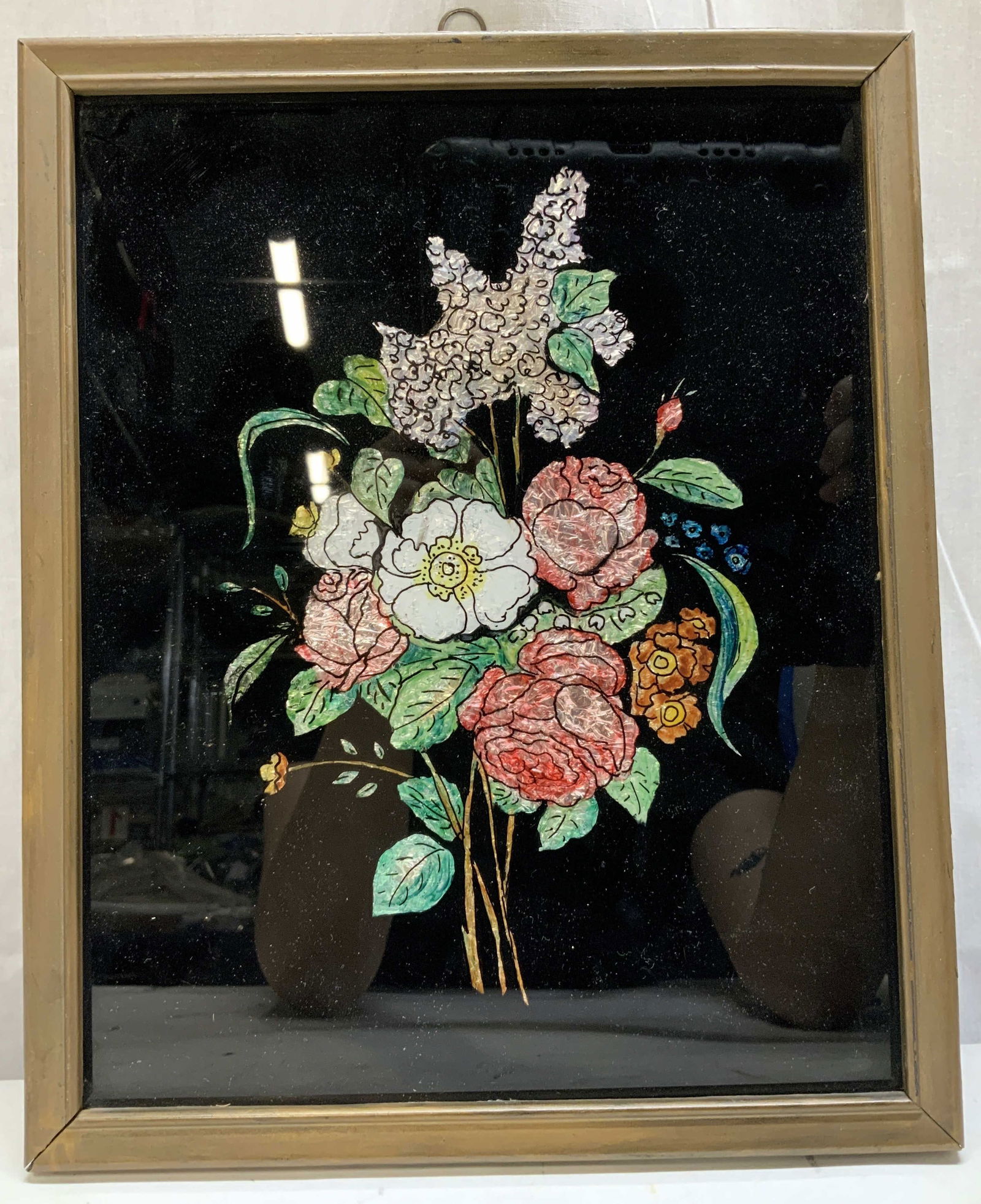 Vtg Floral Bouquet Tinsel Painting W Frame: Vintage reverse painting on glass with metallic accents. Artwork depicts a vibrant bouquet of flowers against a black background. Gilt frame. No visible signature or markings. Surface wear consistent