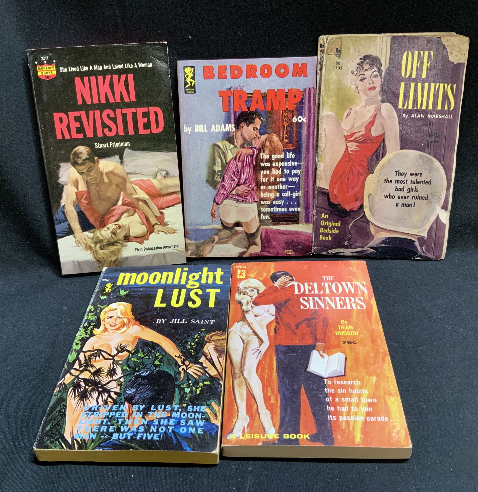 Lot 5 Pulp Fiction Erotica 1960s Bks ADAMS: Lot includes, Nikki Revisited by Stuart Friedman (1963), Bedroom Tramp by Bill Adams (first printing 1962), Off Limits by Alan Marshall (1961), Moonlight Lust by Jill Saint (first printing 1965) & The