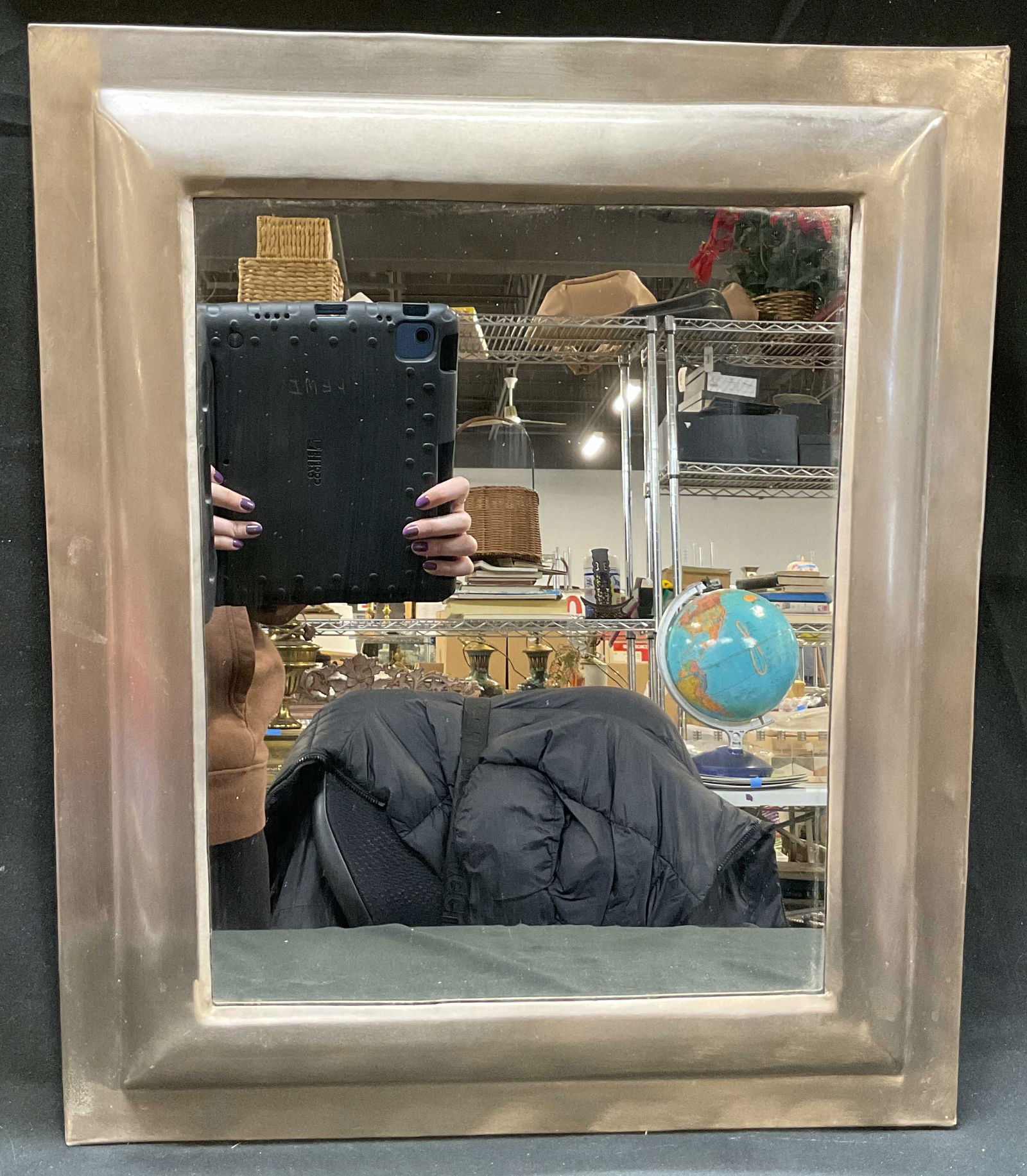 Vintage Pewter Frame Wall Mirror India 19in: Vintage pewter frame wall mirror. Backside reads made in India. Thick beveled frame. Measures approx 16.5 x 19 inches. Surface wear consistent with exposure. Mirror, wall mirror, vintage mirror,