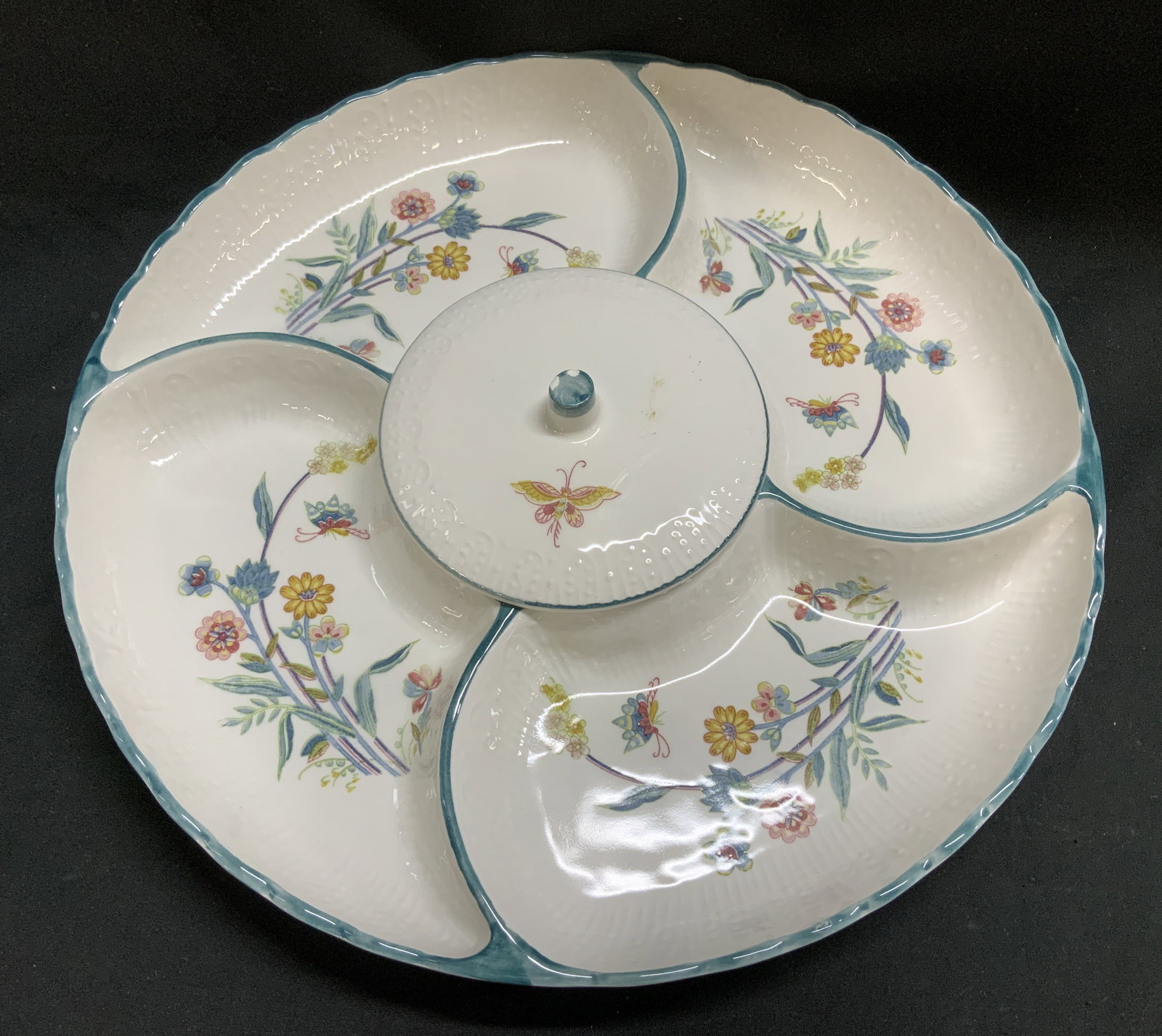 Andrea By Sadek Jardin Serving Platter JAPAN: Andrea by Sadek Jardin serving platter features 4 sections & a central covered section. Butterfly & floral motifs. Porcelain material & comes with box. Signed & marked on underside. Reads, JARDIN