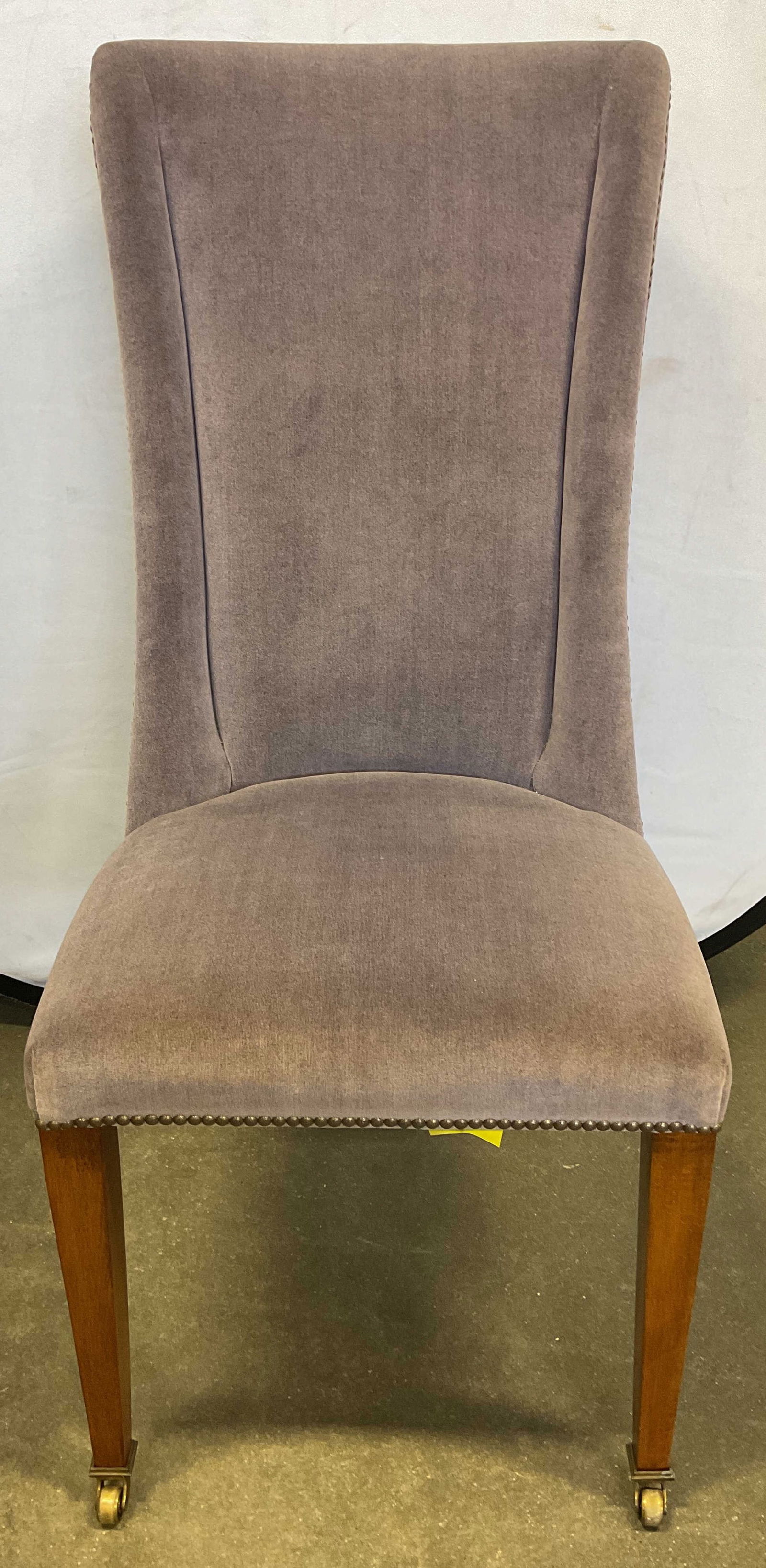 Beaumont & Fletcher Purple Velvet Nailhead Chair: Beaumont & Fletcher London side chair with purple velvet upholstery and nailhead trim. Front legs on casters. Measures approx. 19 x 19 x 43.5 inches. Wear including scratching, marks, and discoloratio