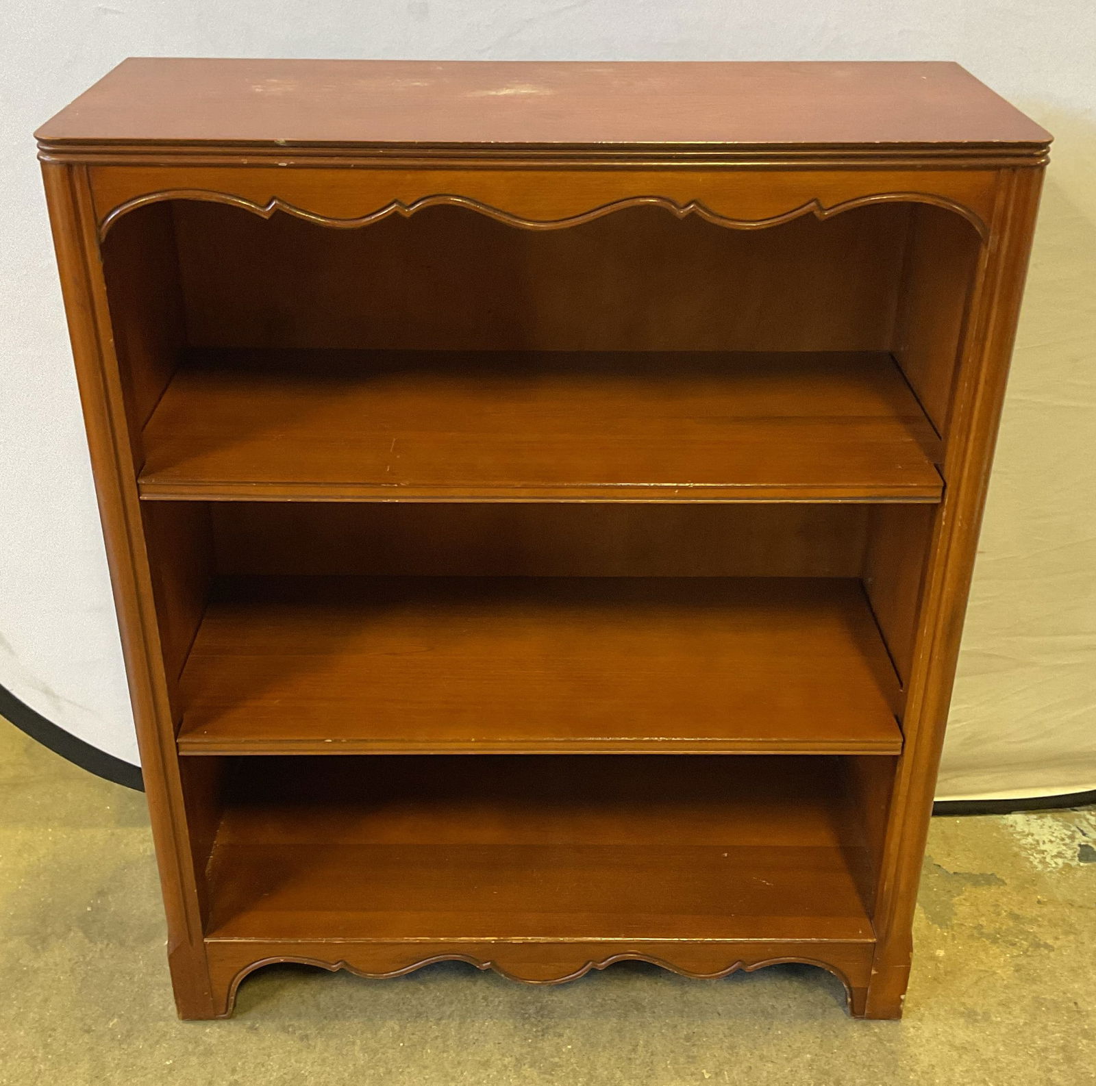 Wood Curved Top 3 Tier Bookshelf: Wood 3 tier bookshelf with decorative curved top and bottom. Measures approx. 30 x 12 x 36 inches. Some scratching. Bookshelf, wood bookshelf, furniture, shelf, home decor, home accessories, 10 x