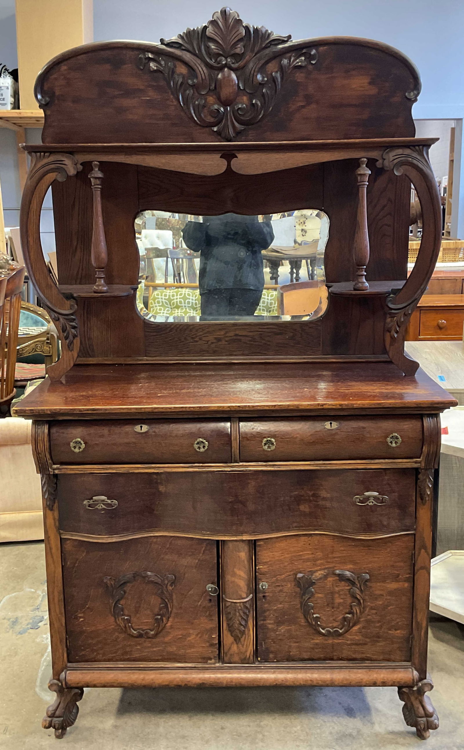 Antique Carved Wood Sideboard with Mirror (1 of 11)