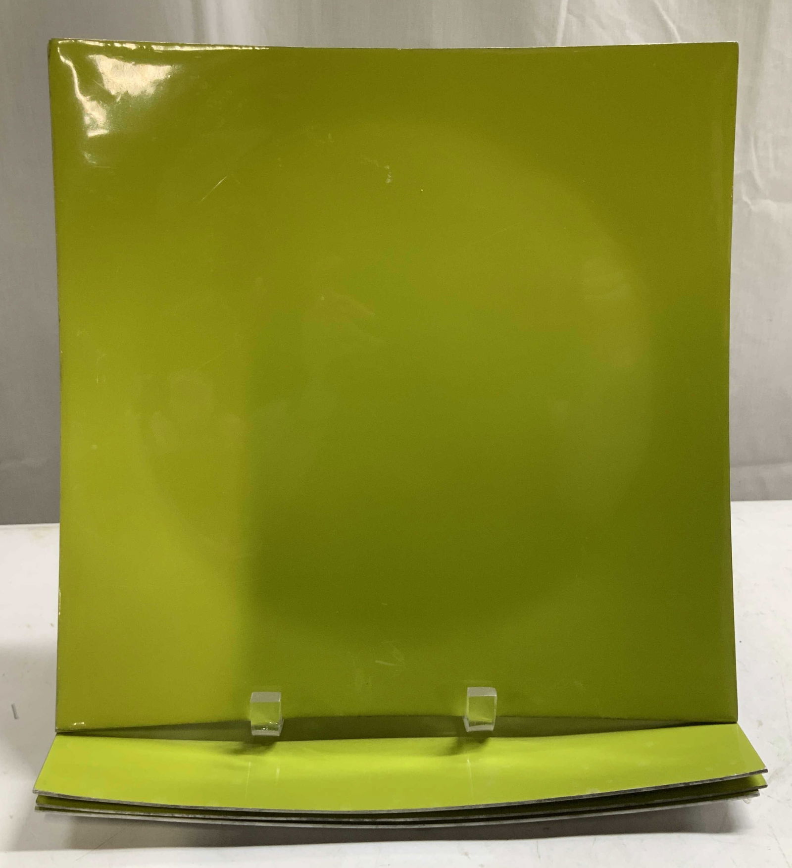 Lot 5 Vtg Green Square Metal Platters: Lot includes, 5 platters featuring a green toned & are metal material. Silver toned on underside. Square shape. Surface wear consistent to age, use & exposure. Measurements: length 12in x width