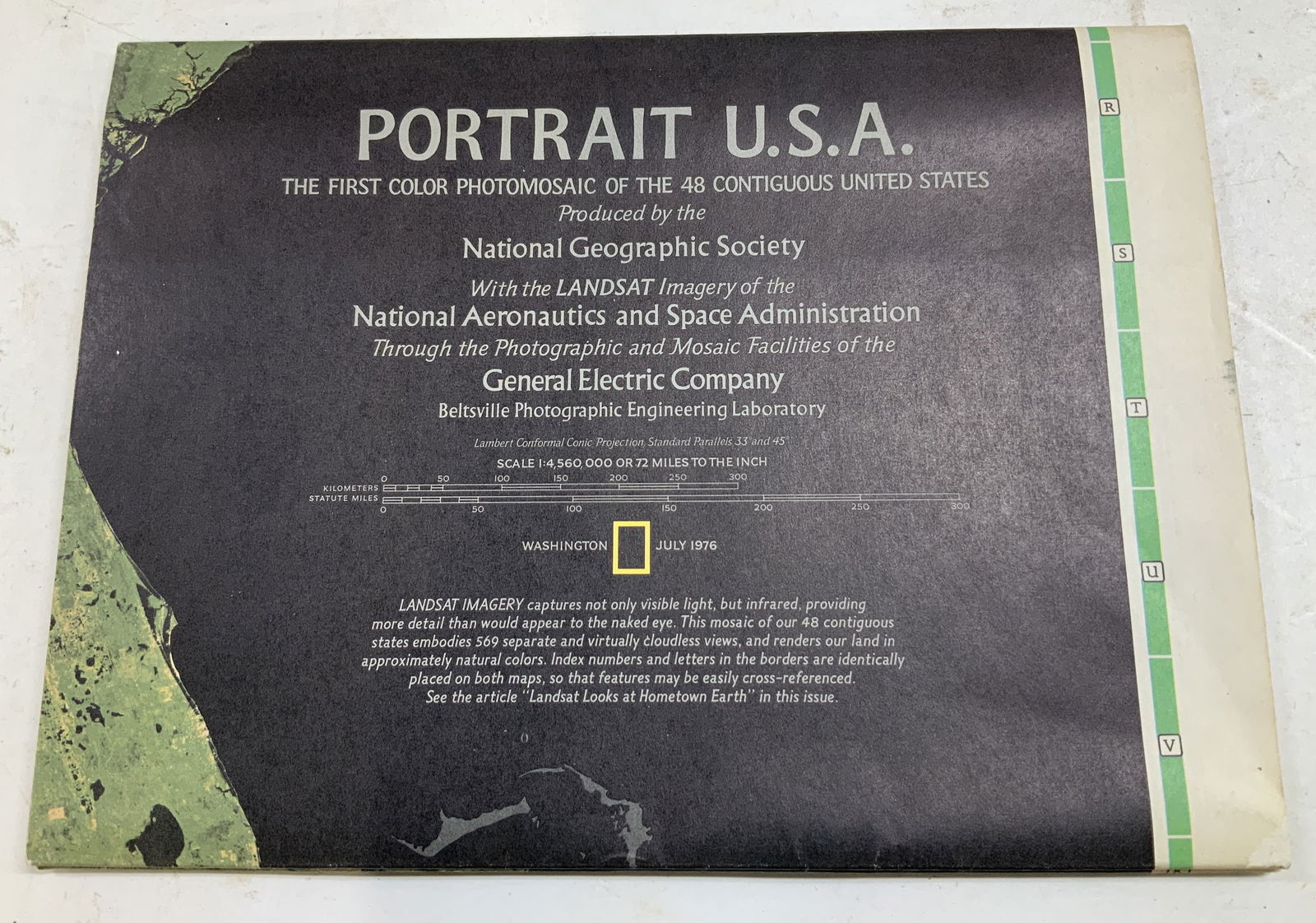 1976 National Geographic Society Portrait USA Map: Portrait U.S.A.map produced by the National Geographic Society in July 1976. The first color photomosaic of the 48 contiguous United States. Landsat imagery of the National Aeronautics & Space Adminis