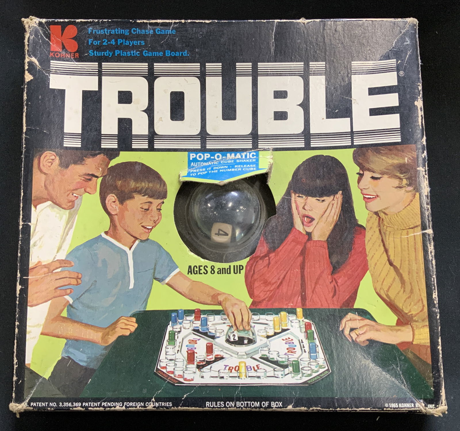 1965 Kohner Brothers Trouble Board Game: Vintage 1965 Kohner Brothers Trouble board game in its original box. Features Pop-O-Matic dice shaker bubble. Made of sturdy plastic. Lot is sold as is. Property of Upper East Side French stage and sc
