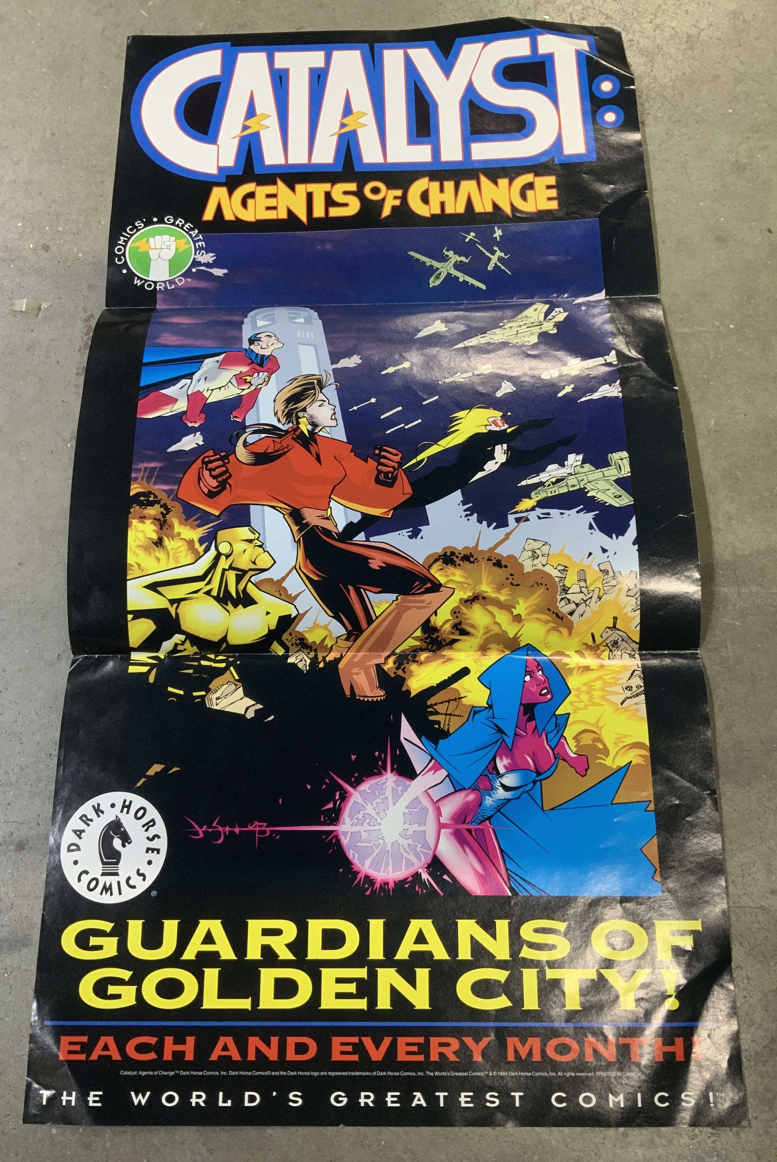1994 Dark Horse Comics Catalyst Poster CANADA 21in: 1994 Catalyst: Agents of Change published by Dark Horse Comics. Poster features artwork depicting the Guardians of Golden City. Signed & marked on bottom. Reads, 1994 DARK HORSE COMICS. PRINTED IN CAN