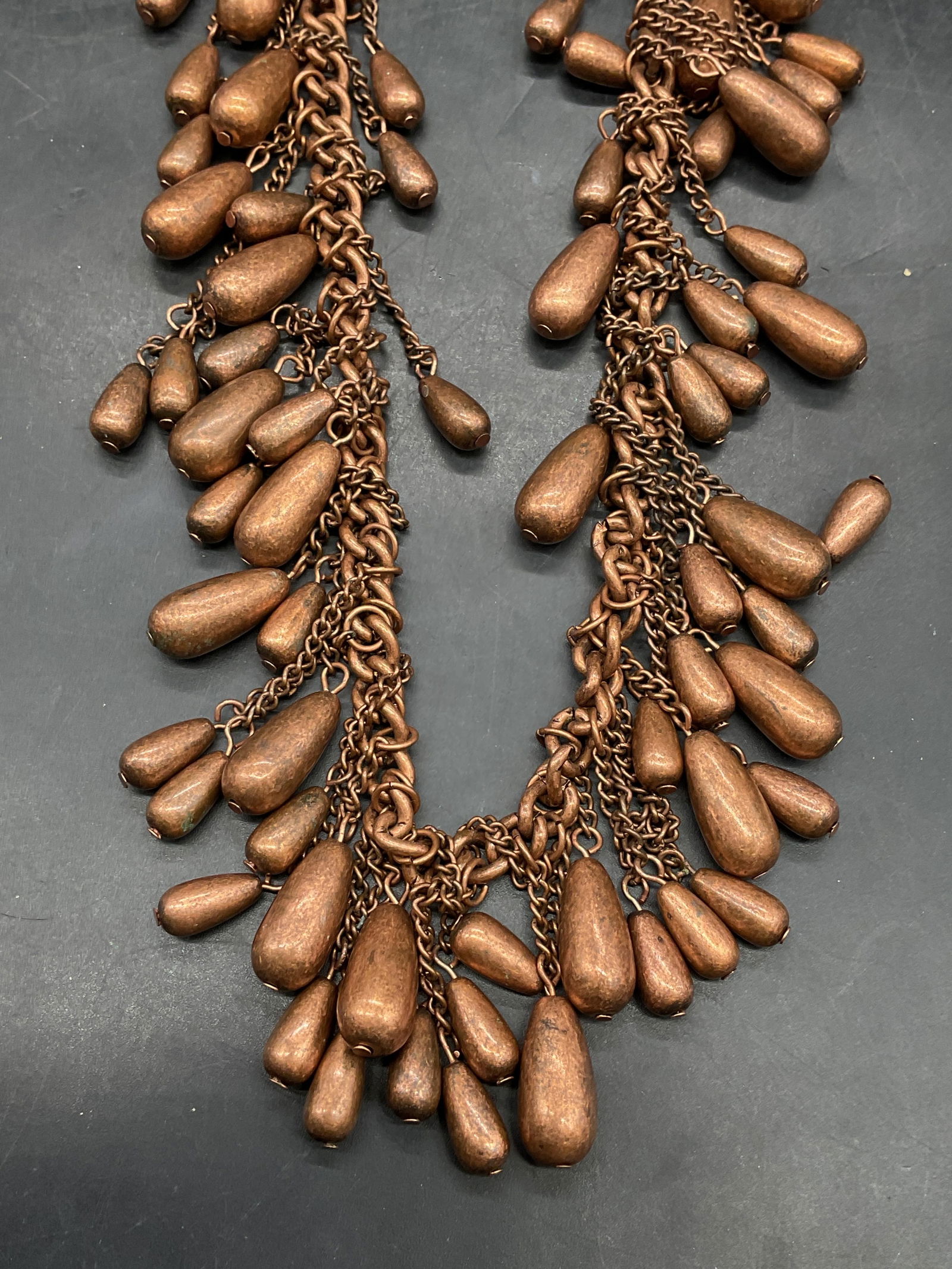 Vintage Copper Tone Beaded Necklace: Vintage copper tone cluster beaded necklace. Drop length approx 9.5 inches. Clasp needs repair. Some scratching. Jewelry, estate jewelry, costume jewelry, cocktail jewelry, fashion jewelry, accessorie