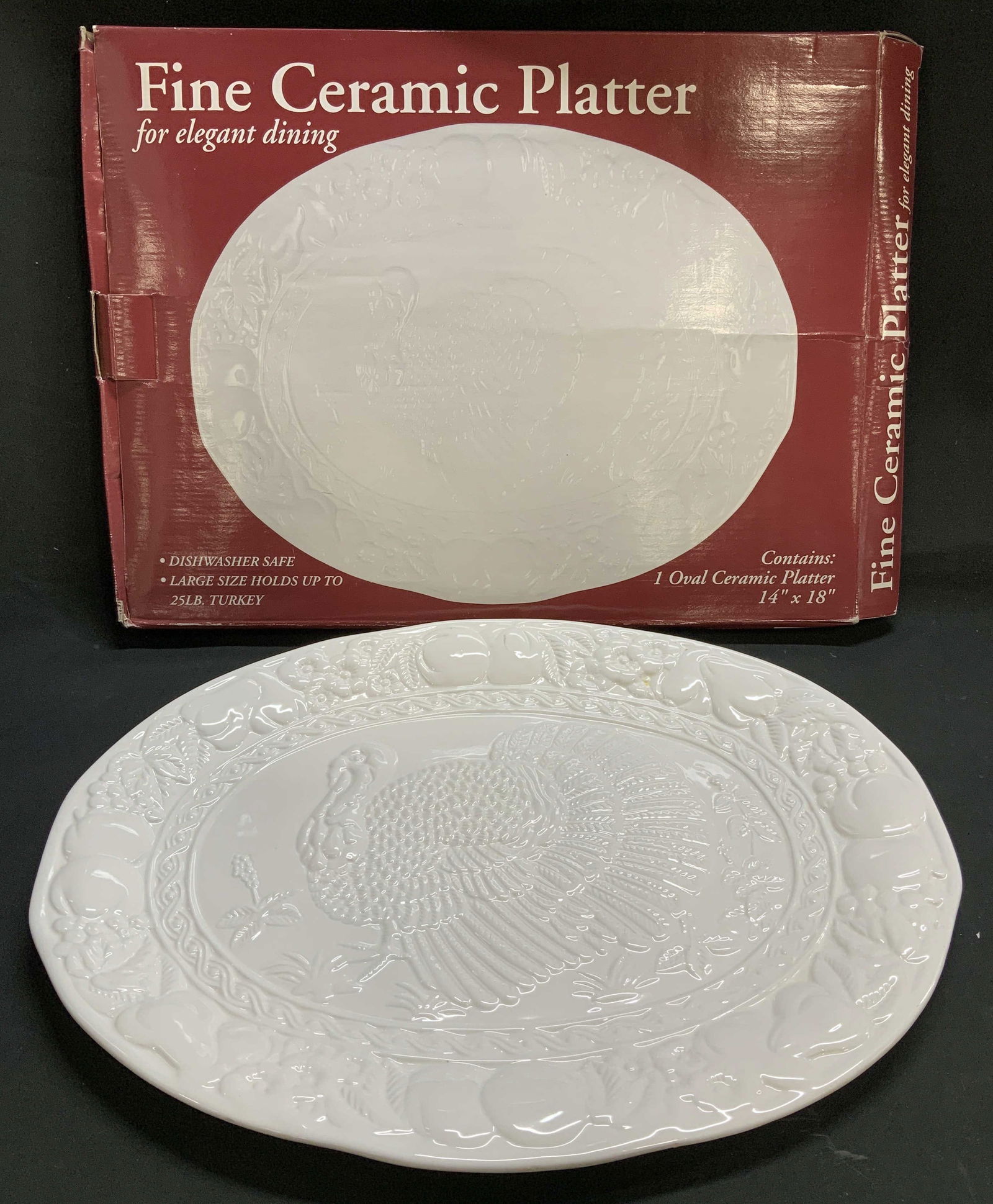 Vtg Fine Ceramic Embossed Turkey Platter W Box: Vintage fine ceramic platter features an embossed turkey in center & fruit motifs on border. White toned & glossy finish. Comes with original box. Signed & marked. Reads, Distributed by YMT
