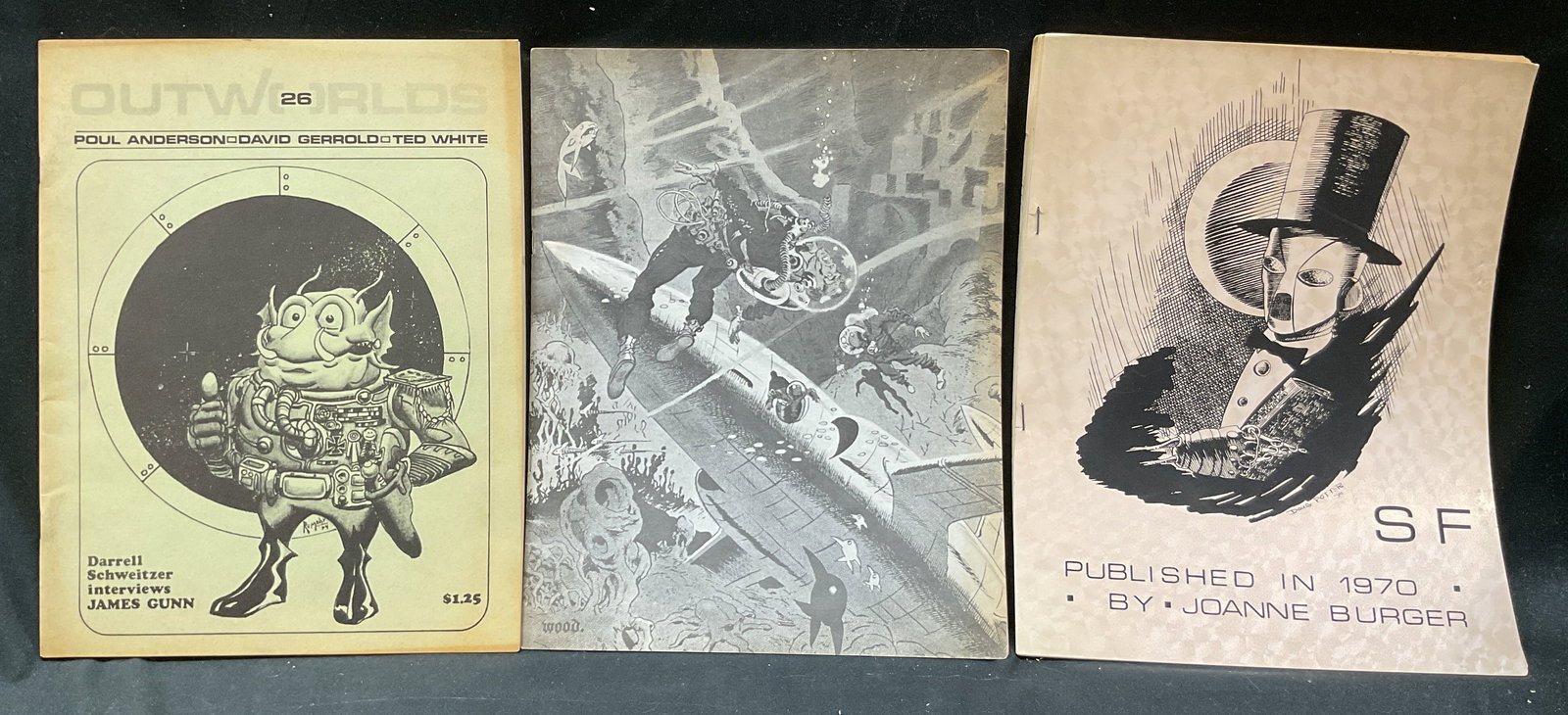 Lot 3 Fantasy Illus Magazines Gaines 1970s+: Lot of 3 fantasy magazines. Outworlds, Poul Anderson David Gerrold Ted White, Darrell Schweitzer interviews James Gunn, Copyright 1975, William L. Bowers. Flashback 1 Wood and EC, Copyright 1971