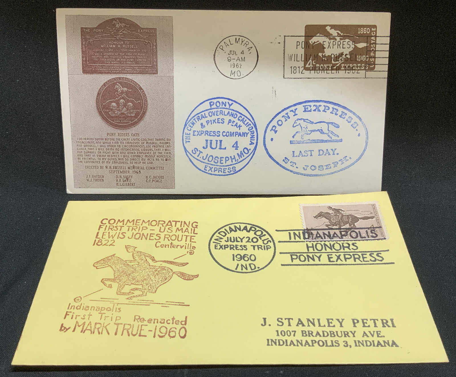 Lot 2 Pony Express 1960 & 1962 Comm Cvr & Stamps: Lot includes, 2 philatelic commemorative covers related to Pony Express. 1962 Ponny Express last day cover from Palmyra, MO, featuring postage marks, printed Pony Riders Oath & illustrations. Lot